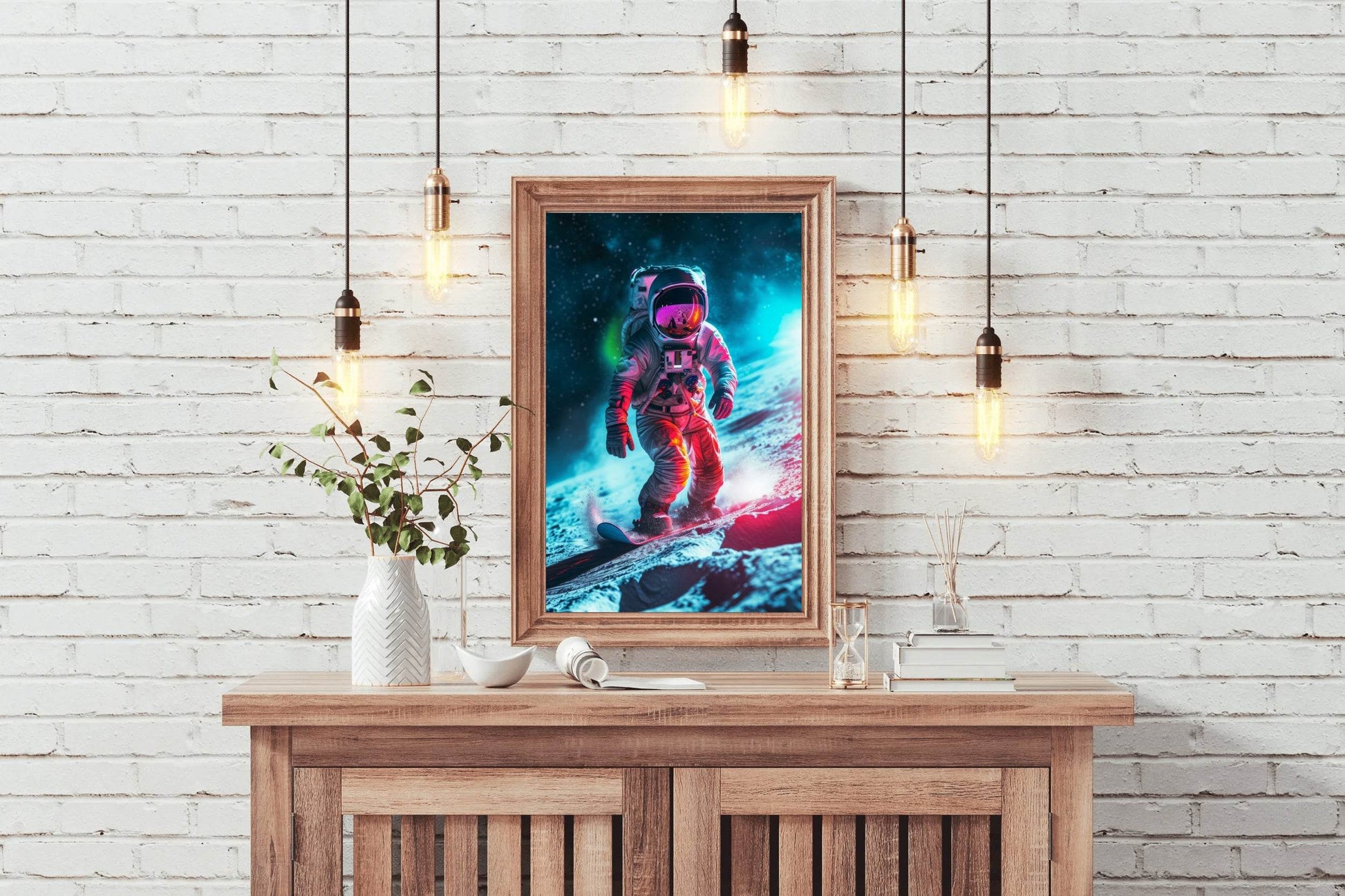 Astronaut with spacesuit on practicing snowboarding on the moon - beink online art store