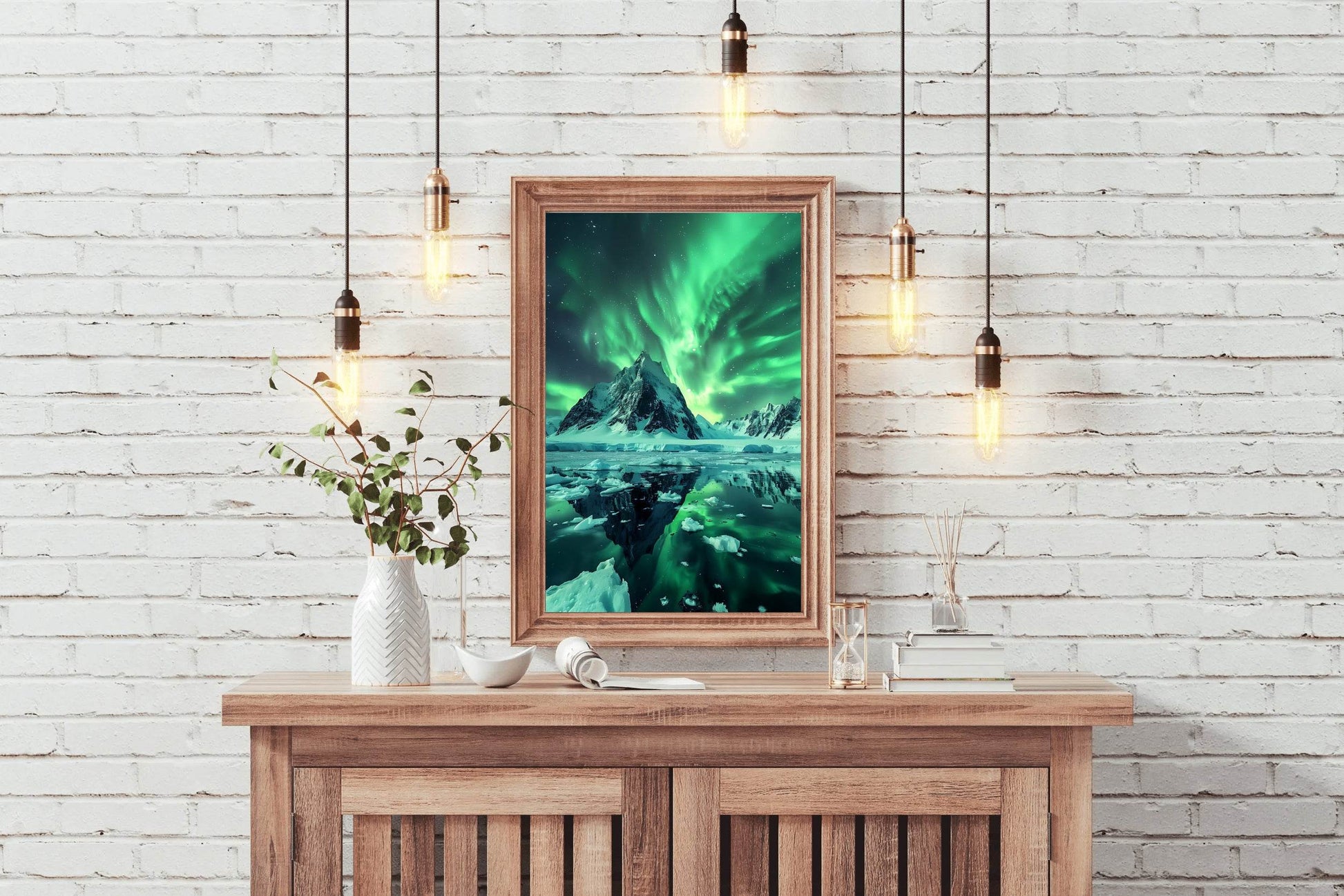 Green Northern lights with view ocean - beink online art store