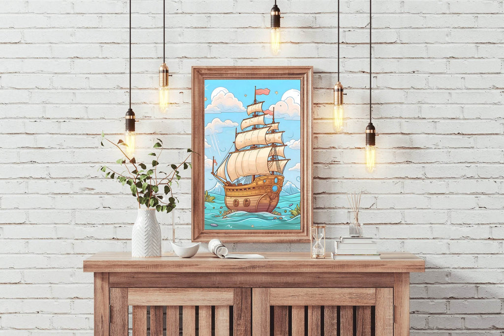 Drawing of Pirates Ship in Sea Storm - beink online art store
