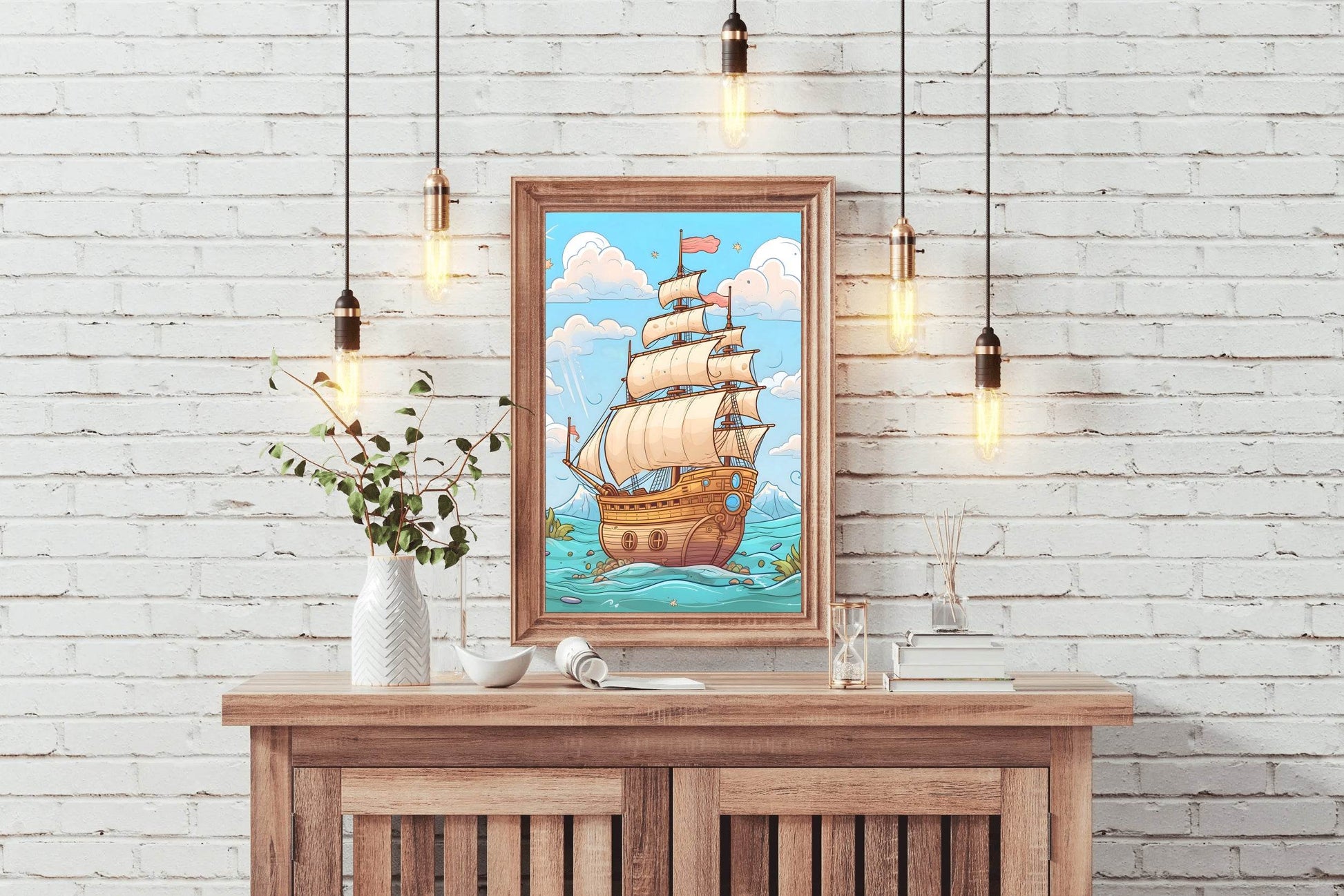 Drawing of Pirates Ship in Sea Storm - beink online art store