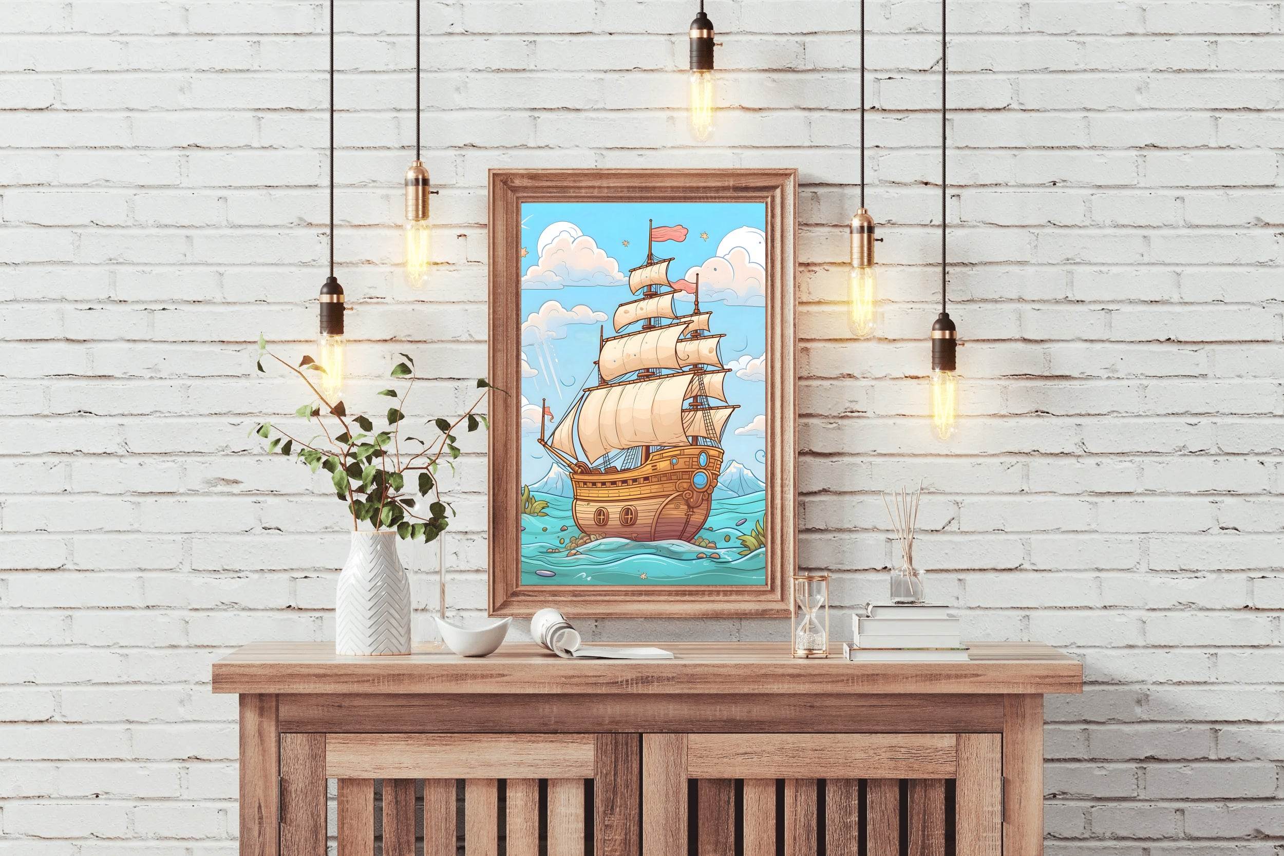Drawing of Pirates Ship in Sea Storm - beink online art store