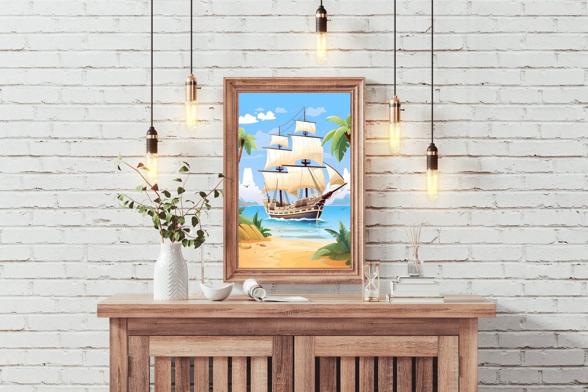 Cartoon Image of Pirates Ship in Sea - beink online art store