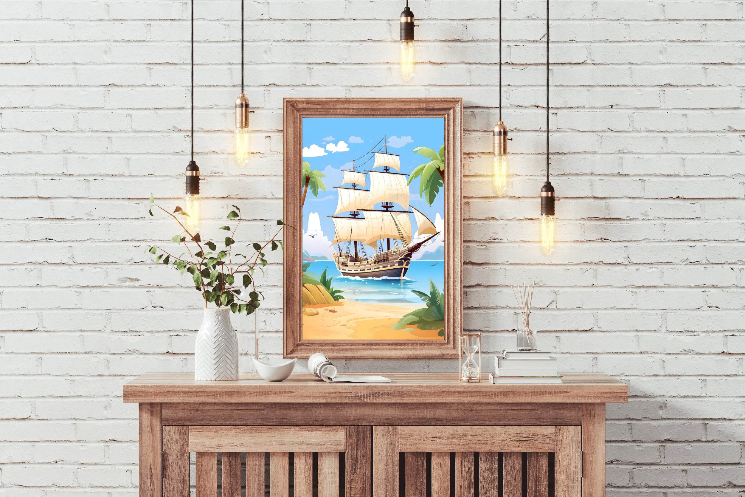 Cartoon Image of Pirates Ship in Sea - beink online art store