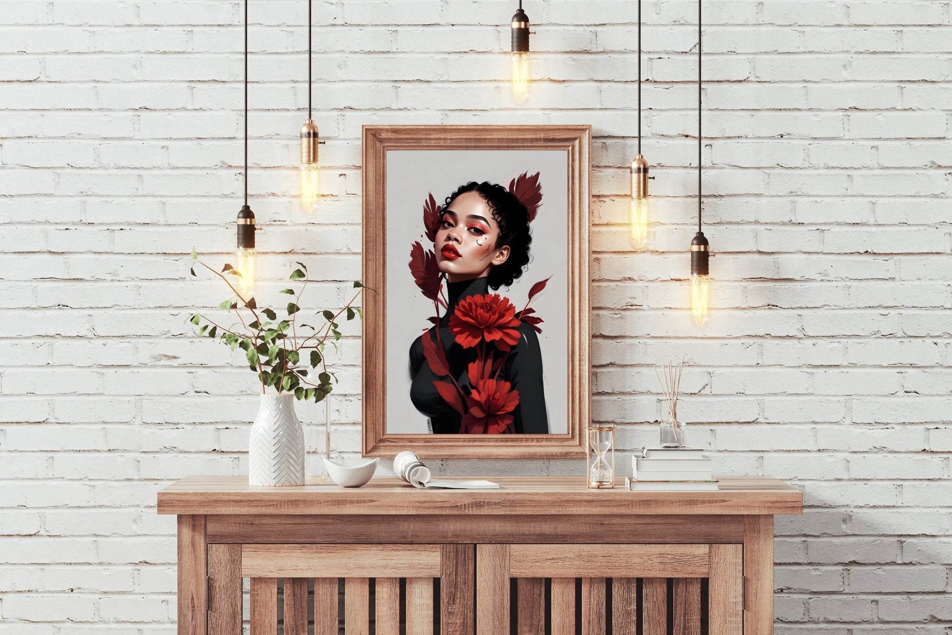 Lady with Curly Hair and Red Flower Wall Art - beink online art store