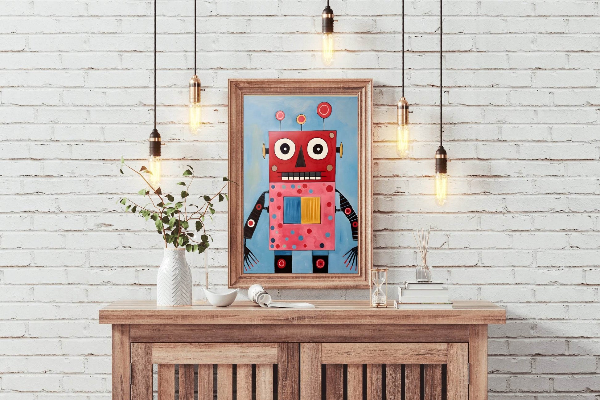 Painting of Red and Pink WaterColor Robot - beink online art store