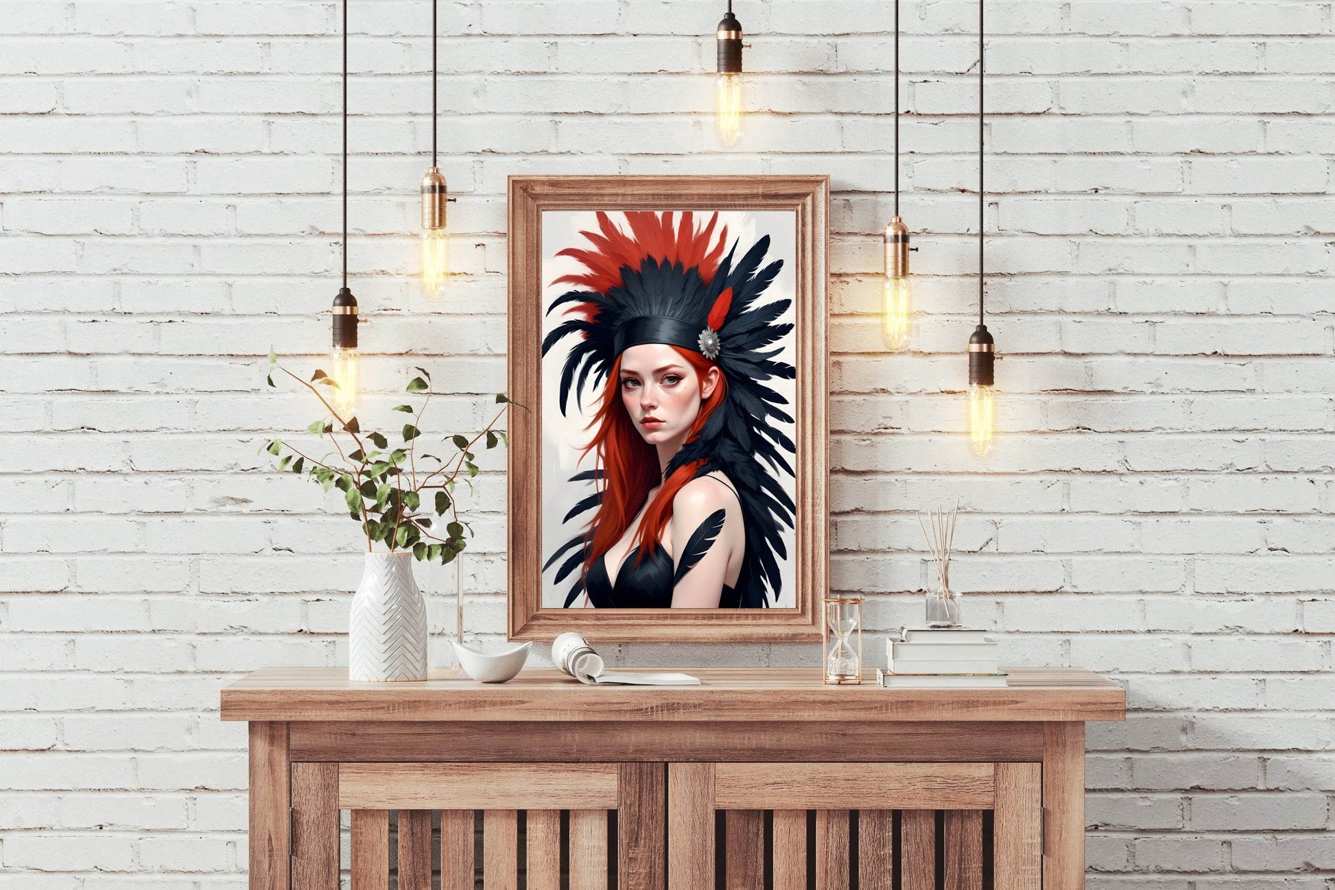 Orange Hair women with Black and Orange feather Wall Art - beink online art store