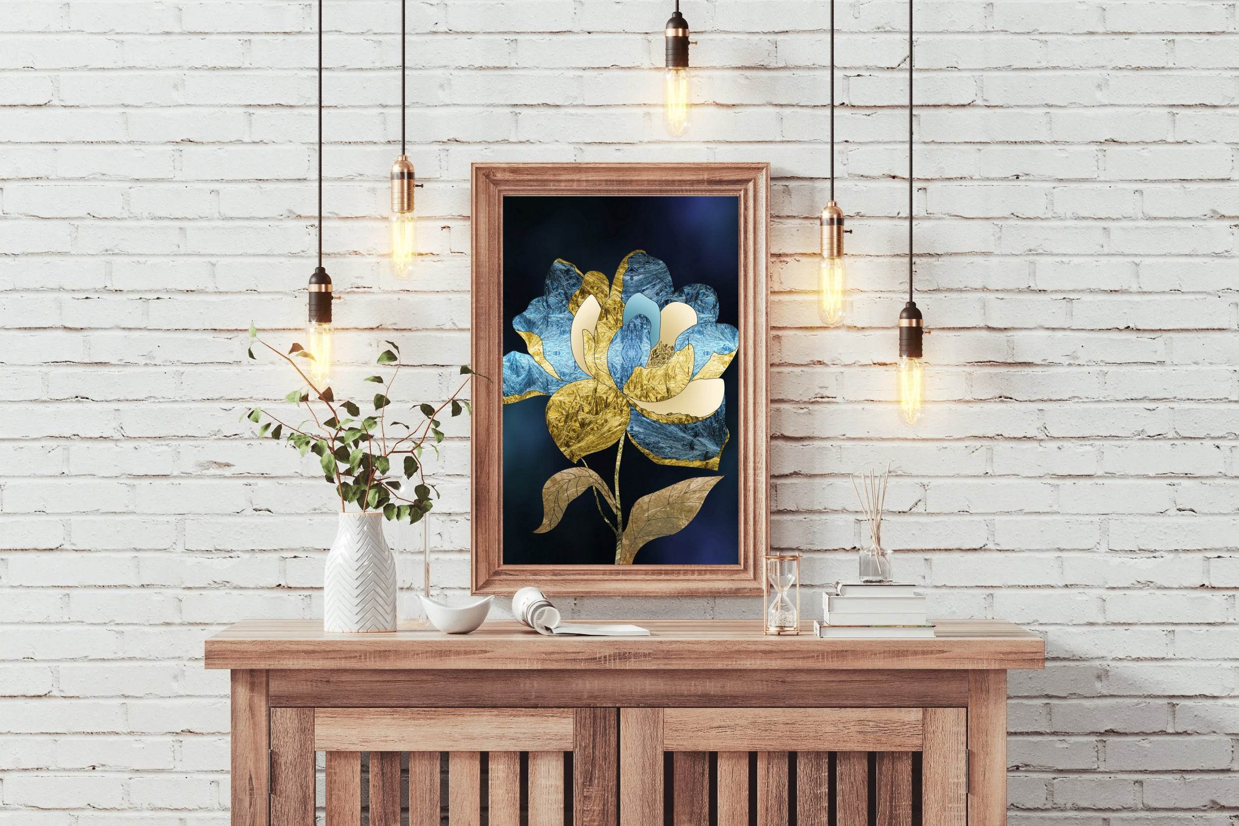 Golden and Blue Flower Modern Wall Art - beink online art store