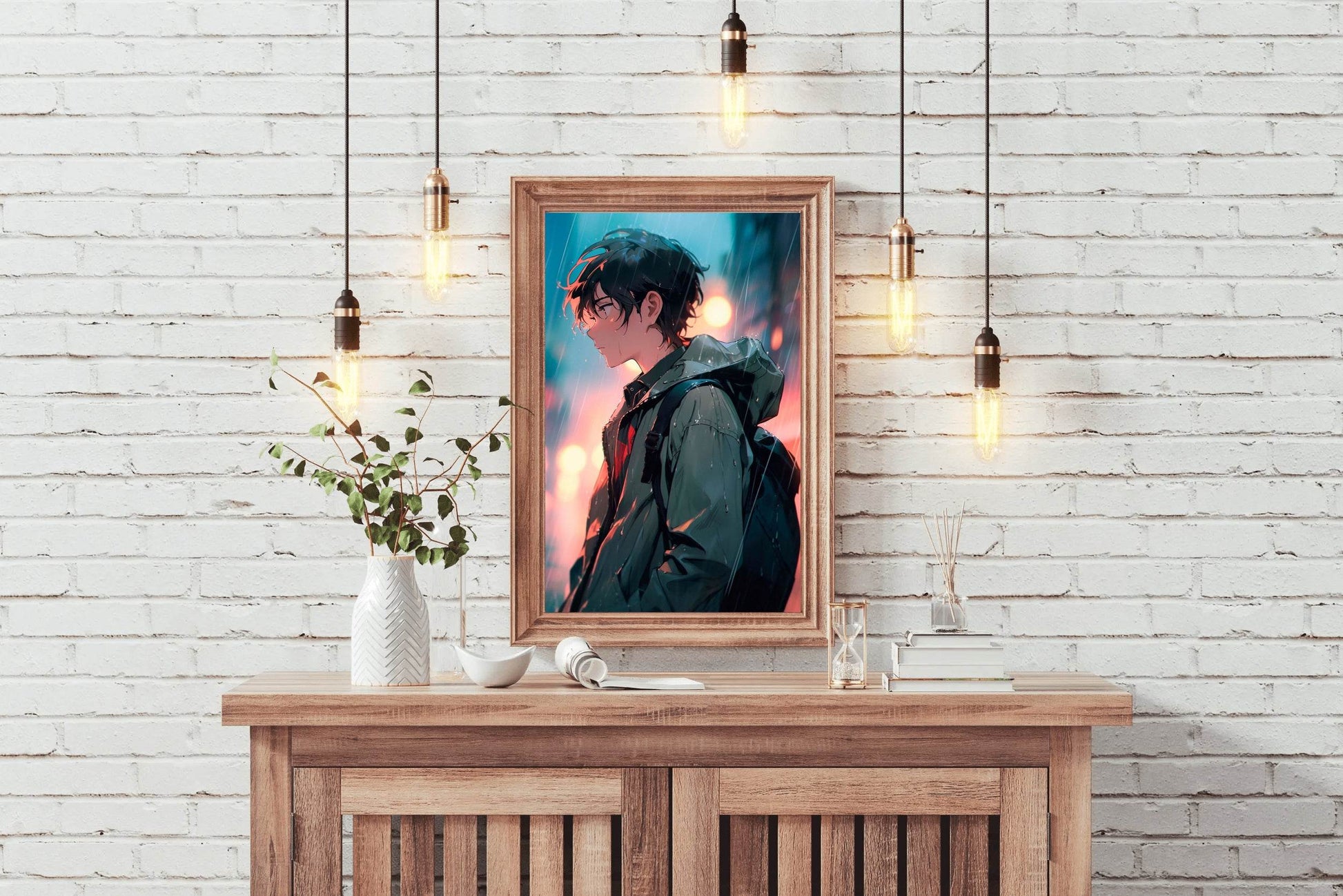 Anime Boy with backpack In street In The Rain Anime Wall Art - beink online art store
