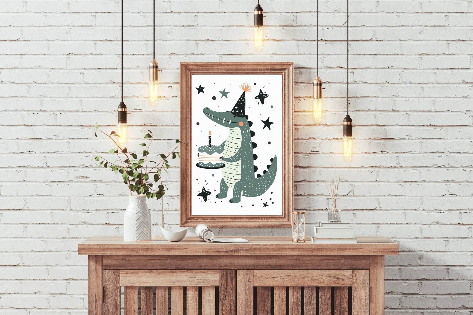 Cartoon Alligator Holding Cake Wall Art - beink online art store