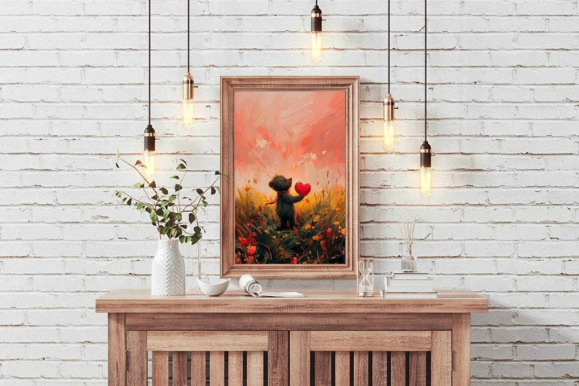 Painting of Bear Holding Red Heart - beink online art store