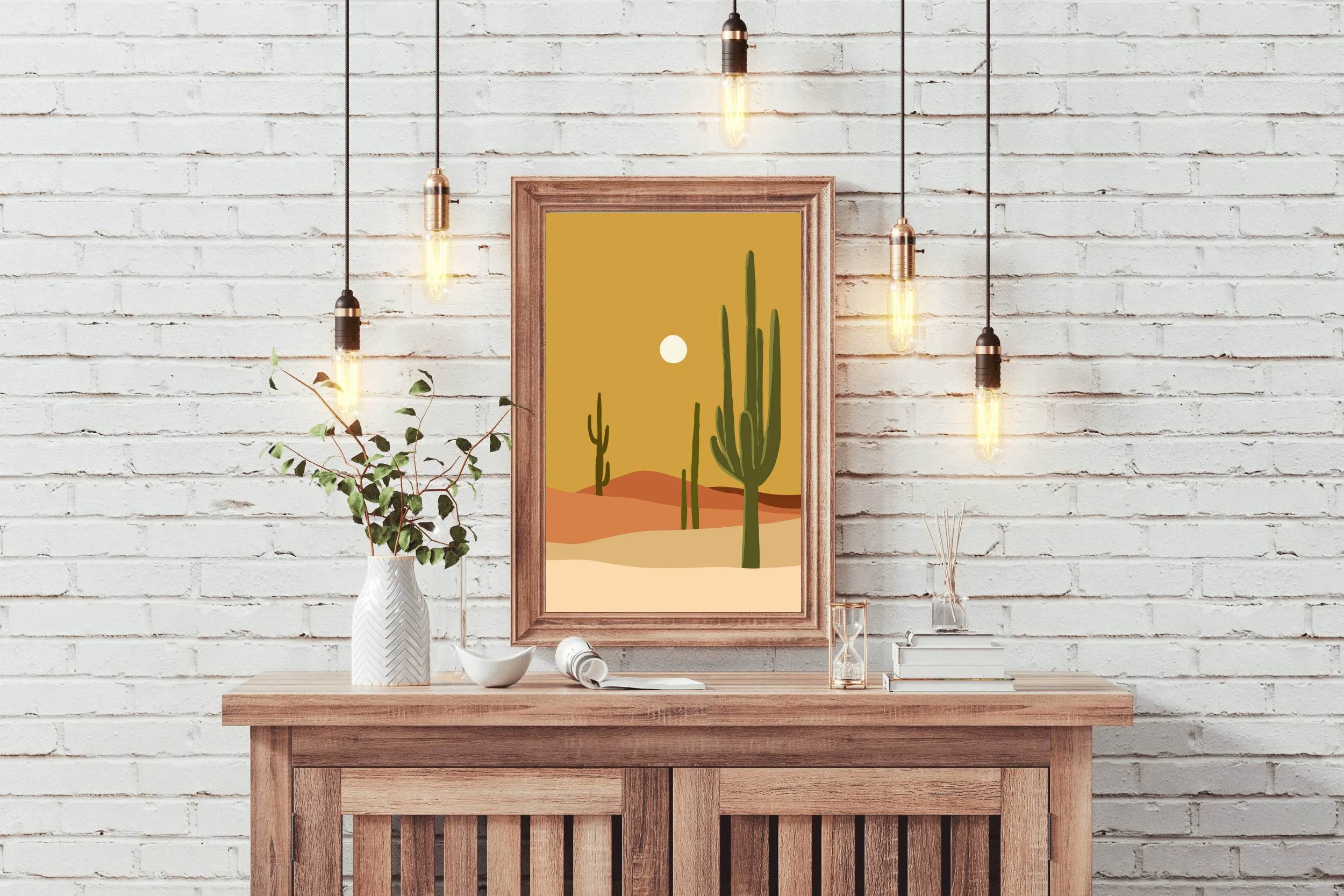 Desert Scene with Cactus and Moon ArtWork - beink online art store