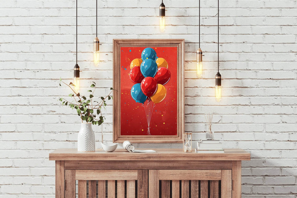 Illustration of Colorful Balloons with Red Background - beink online art store