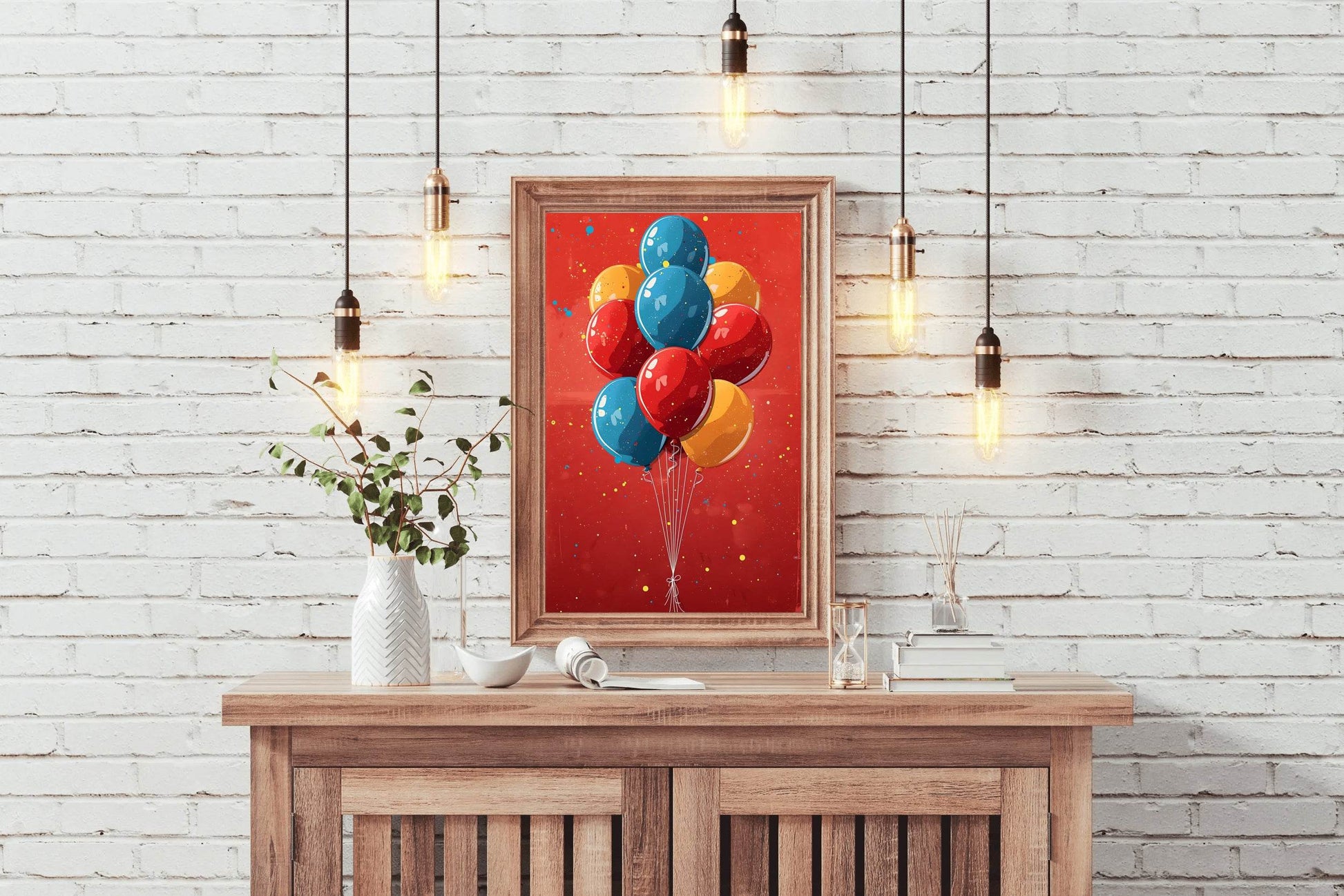 Illustration of Colorful Balloons with Red Background - beink online art store