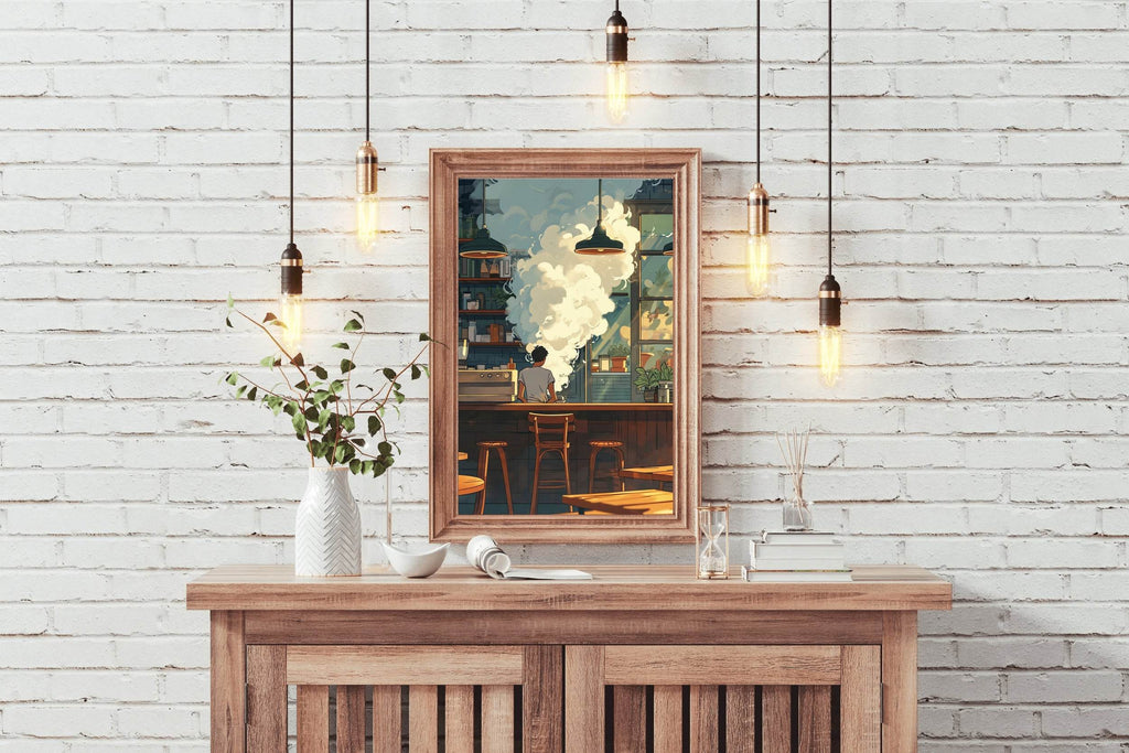 Cartoon Steam With Man in Coffee shop Anime Wall Art - beink online art store