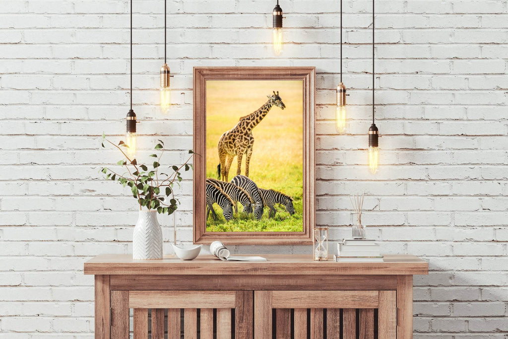 Northren Giraffe and Zebra Grazing in Savanna Wall Art - beink online art store