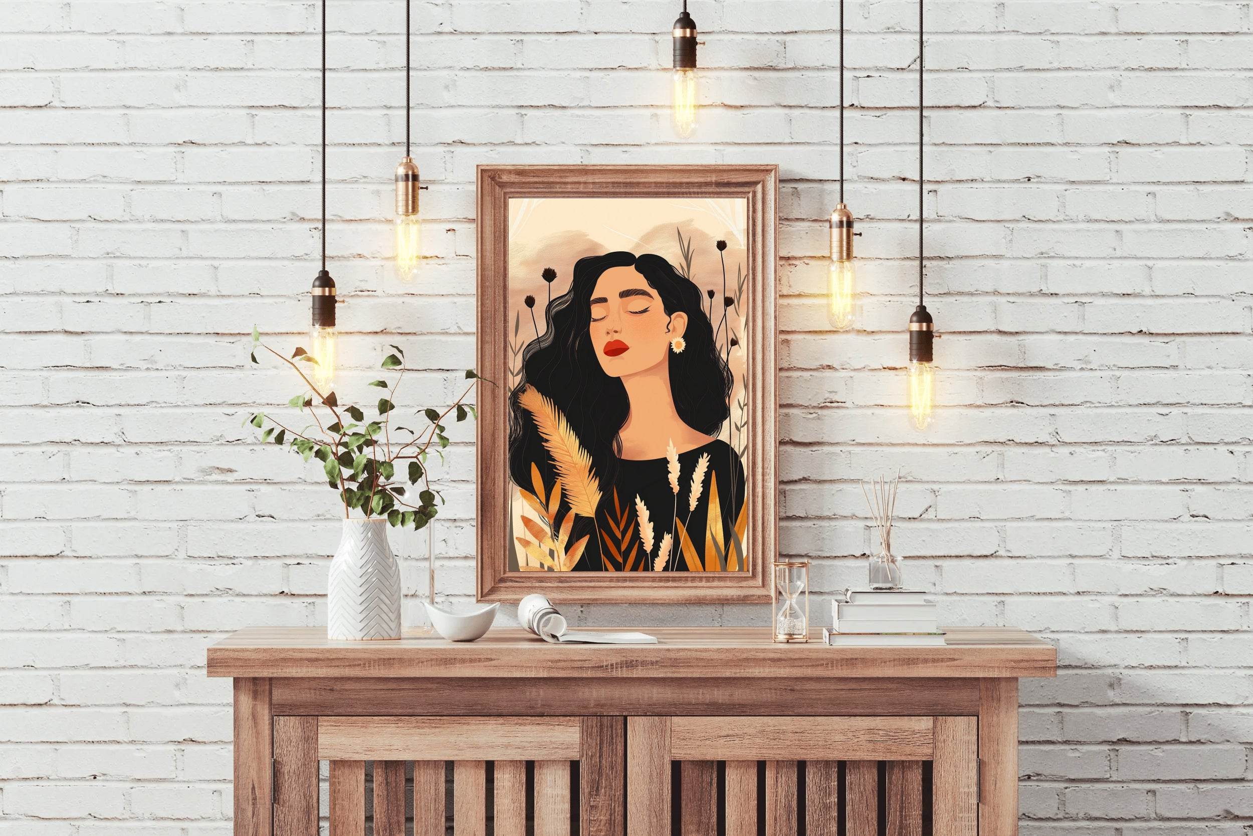 Woman with Curly Hair on Simple Background ArtWork - beink online art store