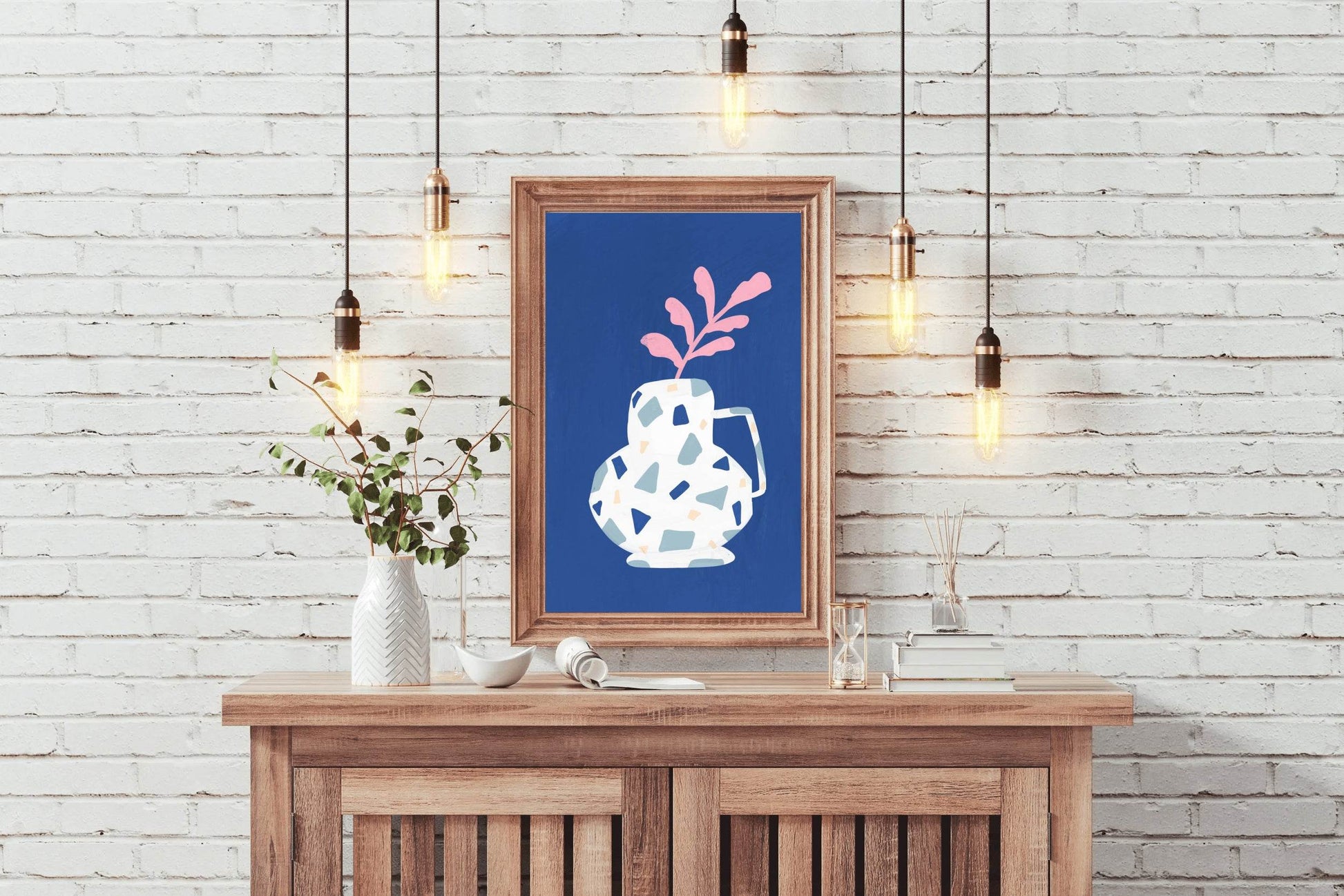 Pink Leaf Branch in A Blue Vase Wall Art - beink online art store