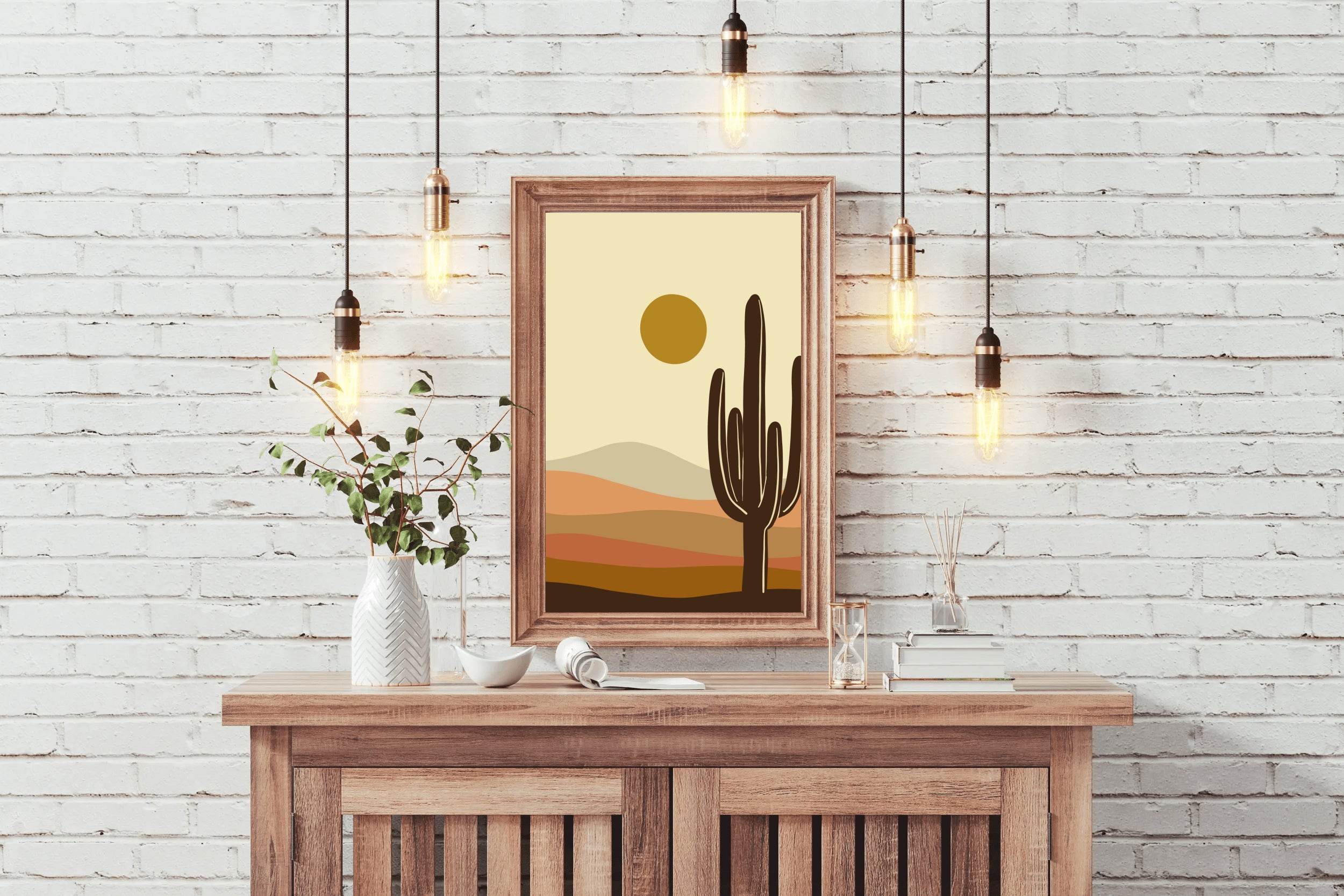Stylized Desert Landscape with Cactus and Sun ArtWork - beink online art store
