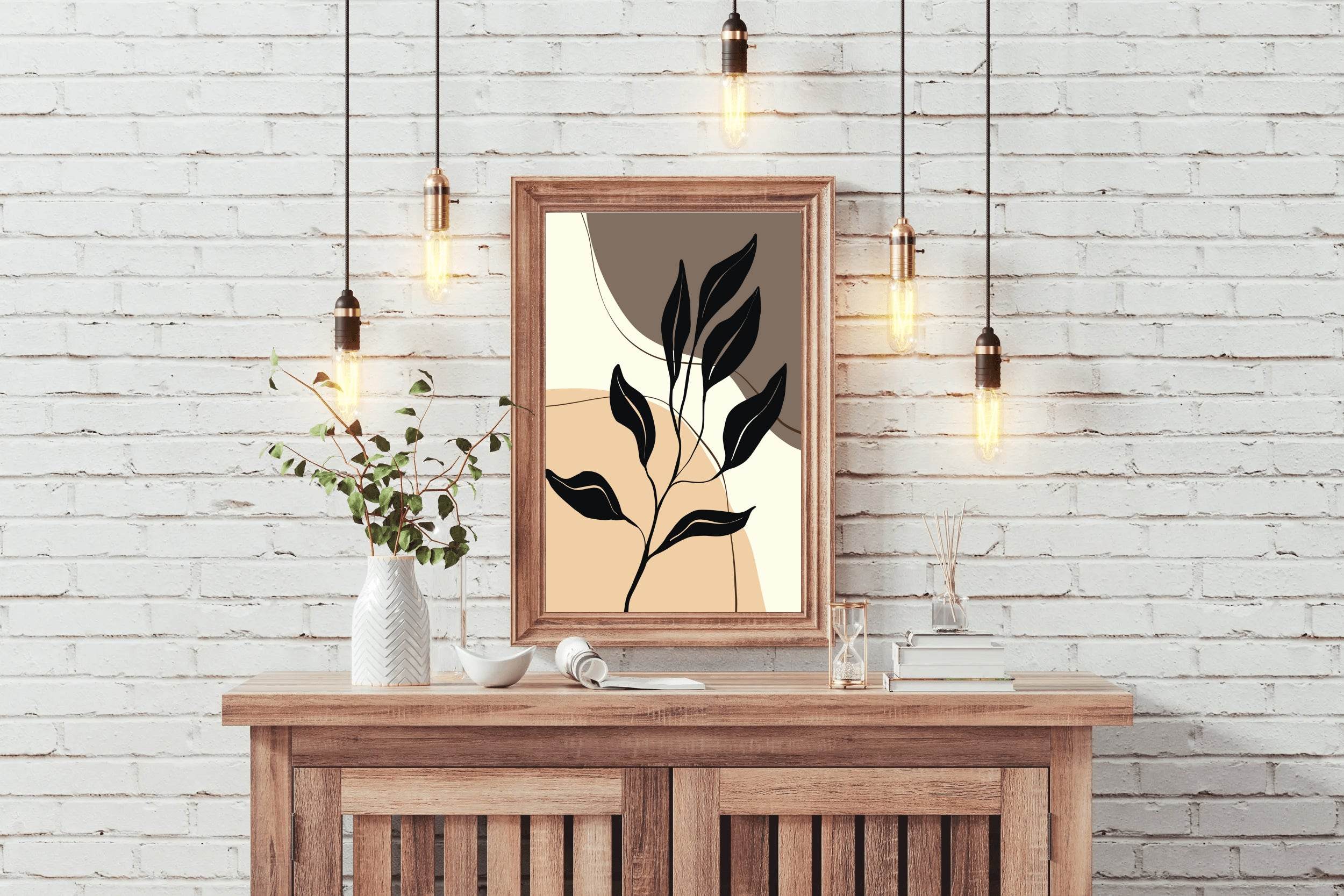 Black Leaves on a Stylized Foliage in Beige tones ArtWork - beink online art store