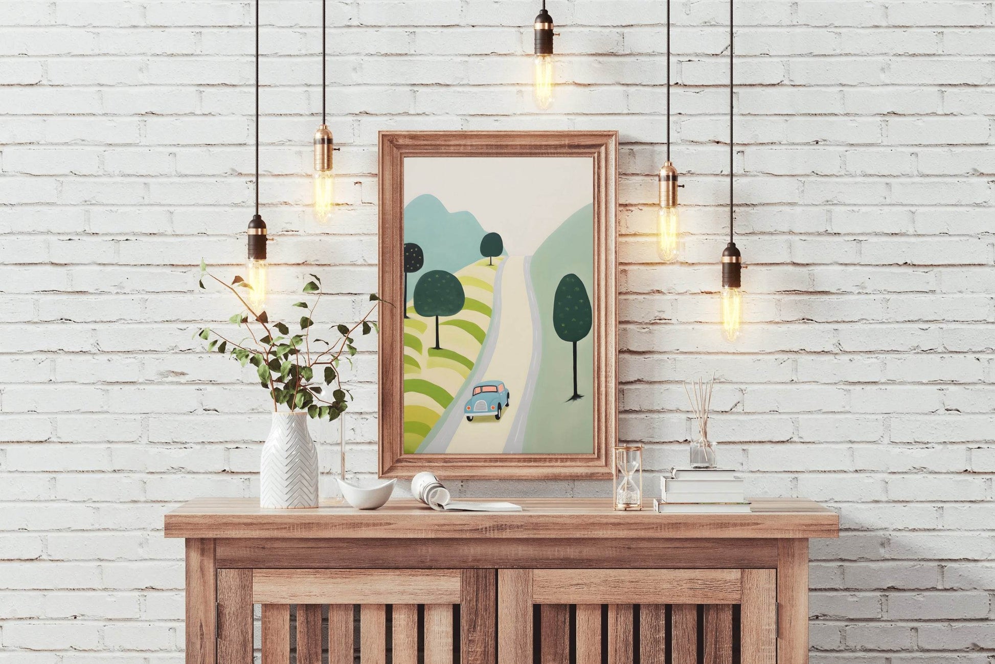 Painting of Blue Car Passing Through Meadows - beink online art store