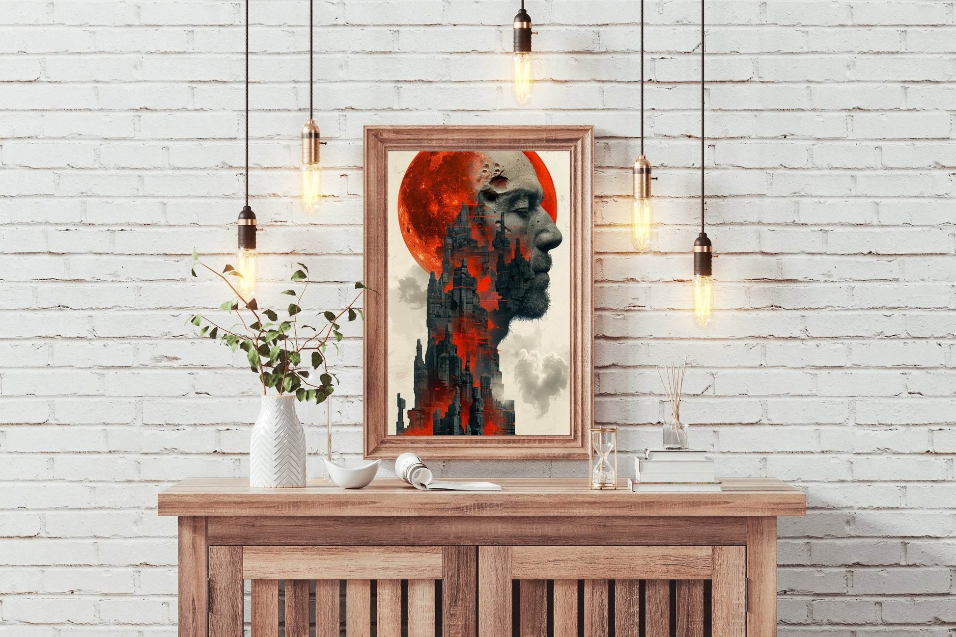 Gothic Cityscape With Face and Red Moon Digital Art - beink online art store