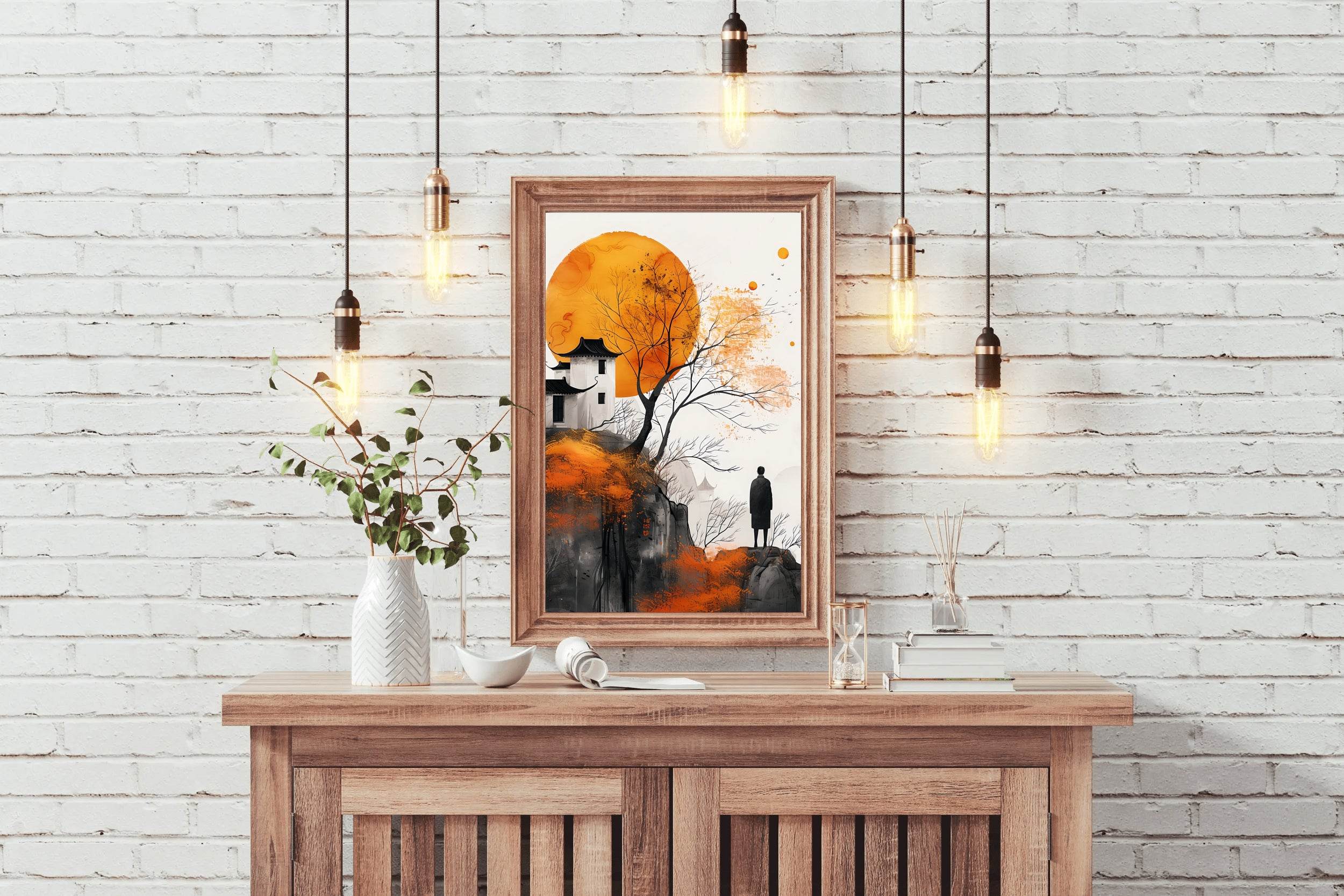 Orange Moon and Ancient House Wall Art - beink online art store