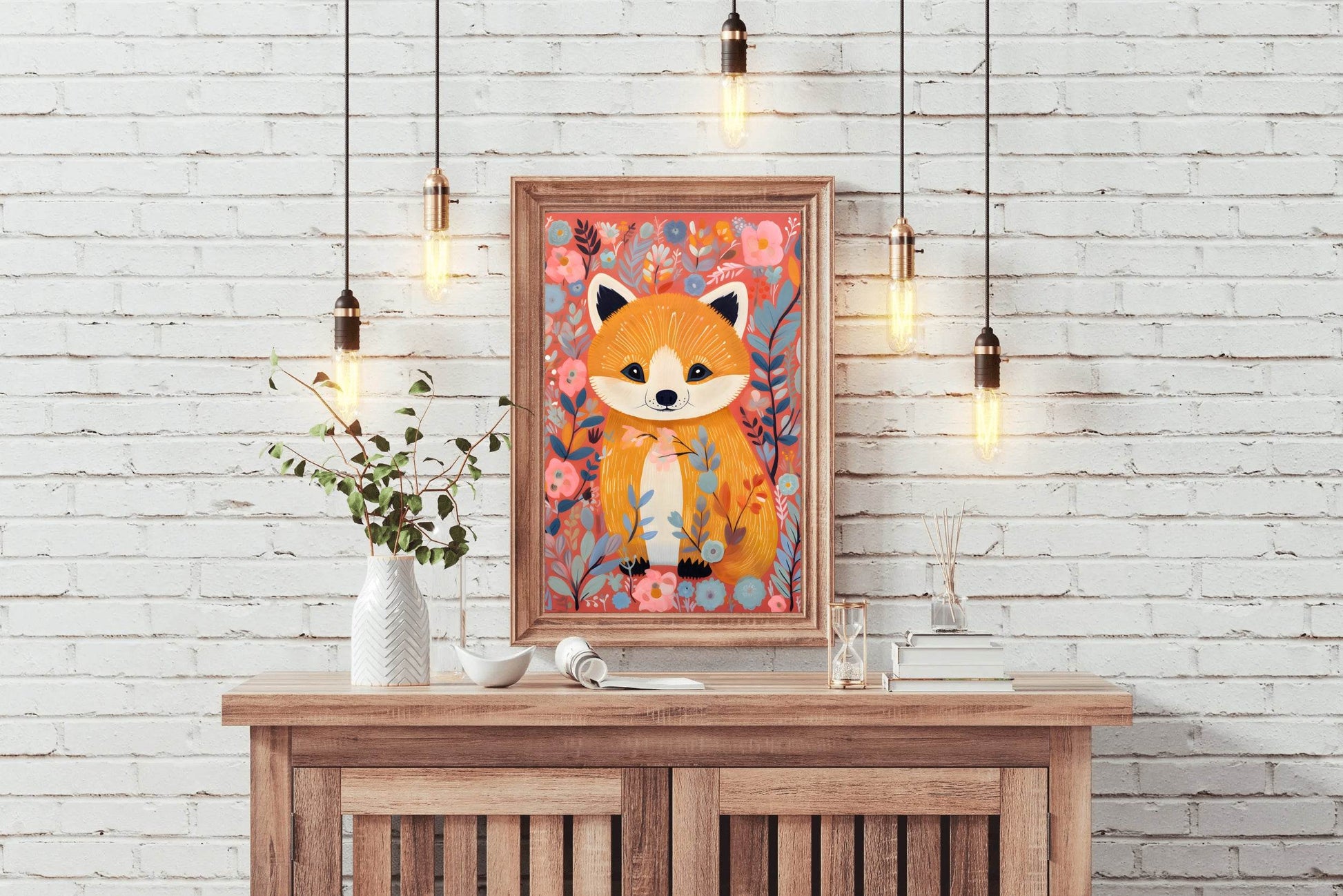 Drawing of Little Fox Sitting in the Flowers - beink online art store