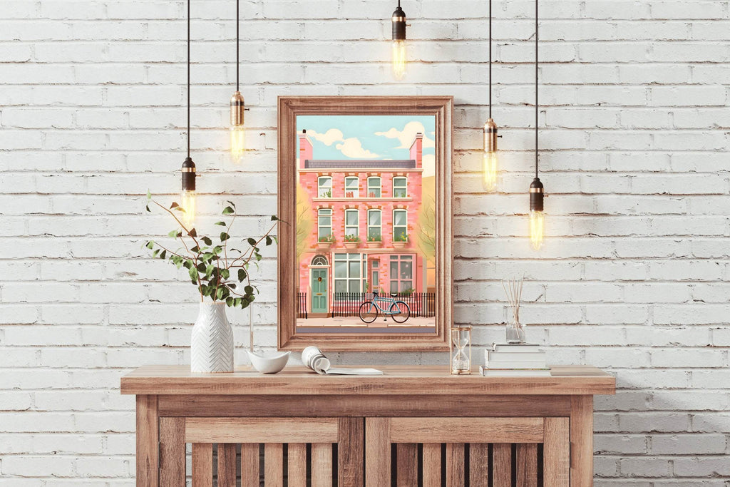 Pink House Painting with Bicycle Wall Art - beink online art store
