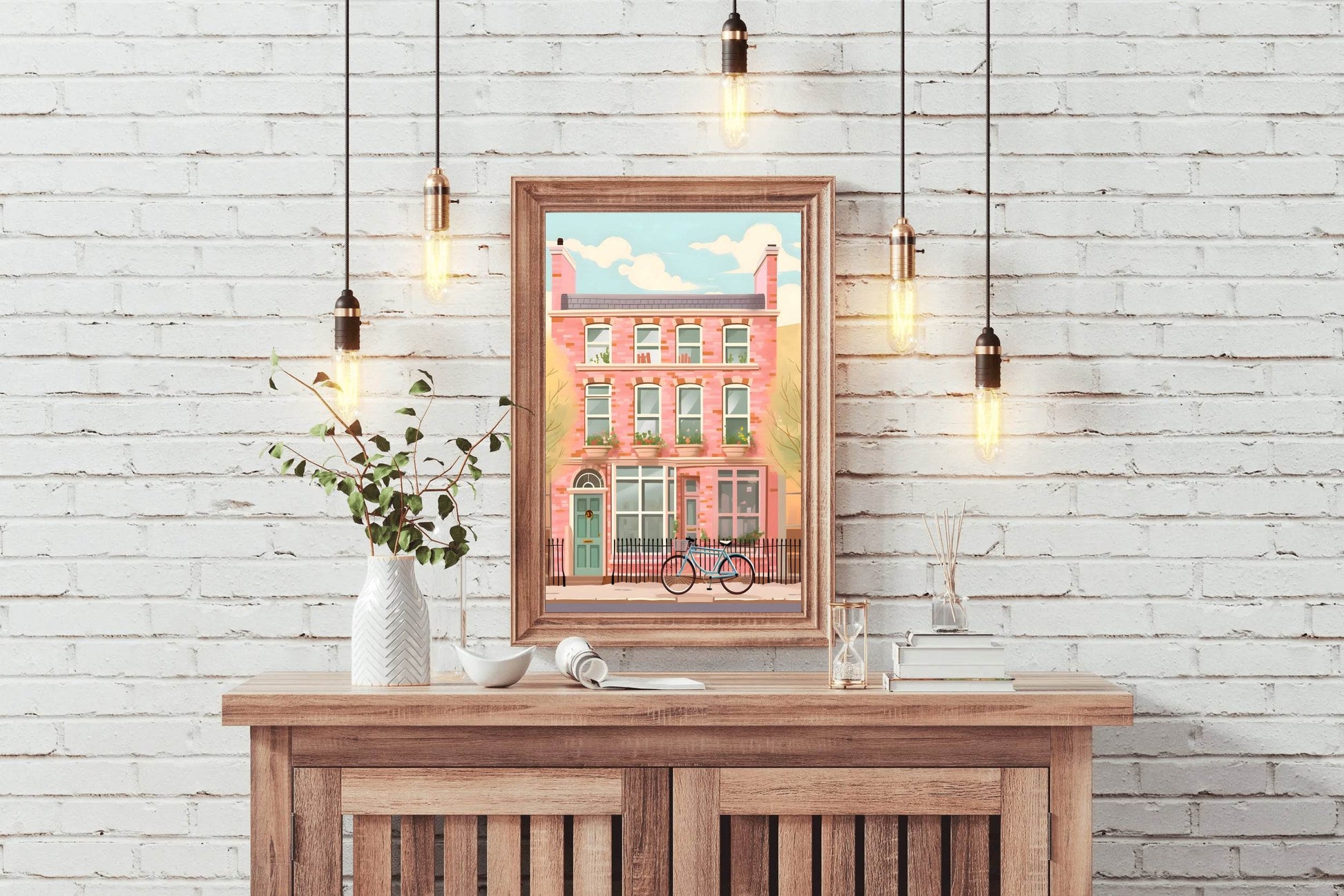 Pink House Painting with Bicycle Wall Art - beink online art store