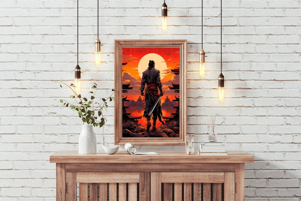 Sunset Style Portrait of Traditional Japanese's Samurai Character Anime Wall Art - beink online art store