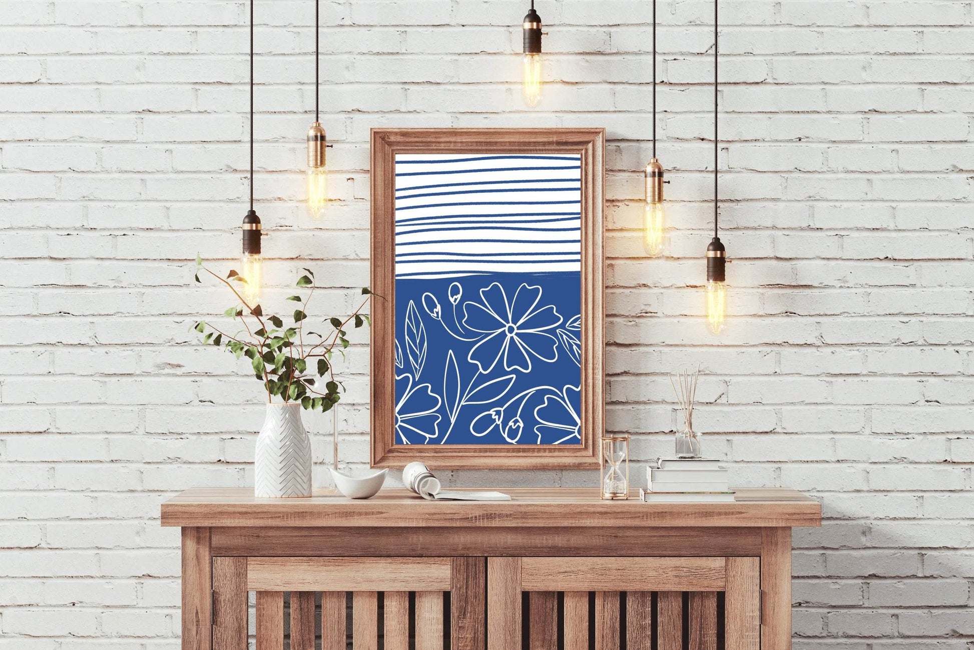 Blue and White Striped Paper With Flowers Wall Art - beink online art store
