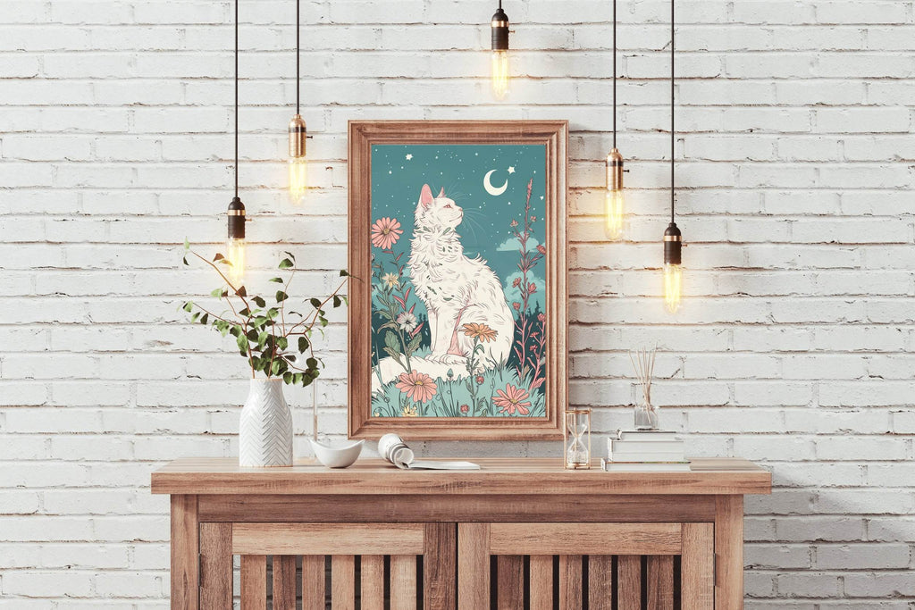 Painting of White Cat Watching the Moon - beink online art store
