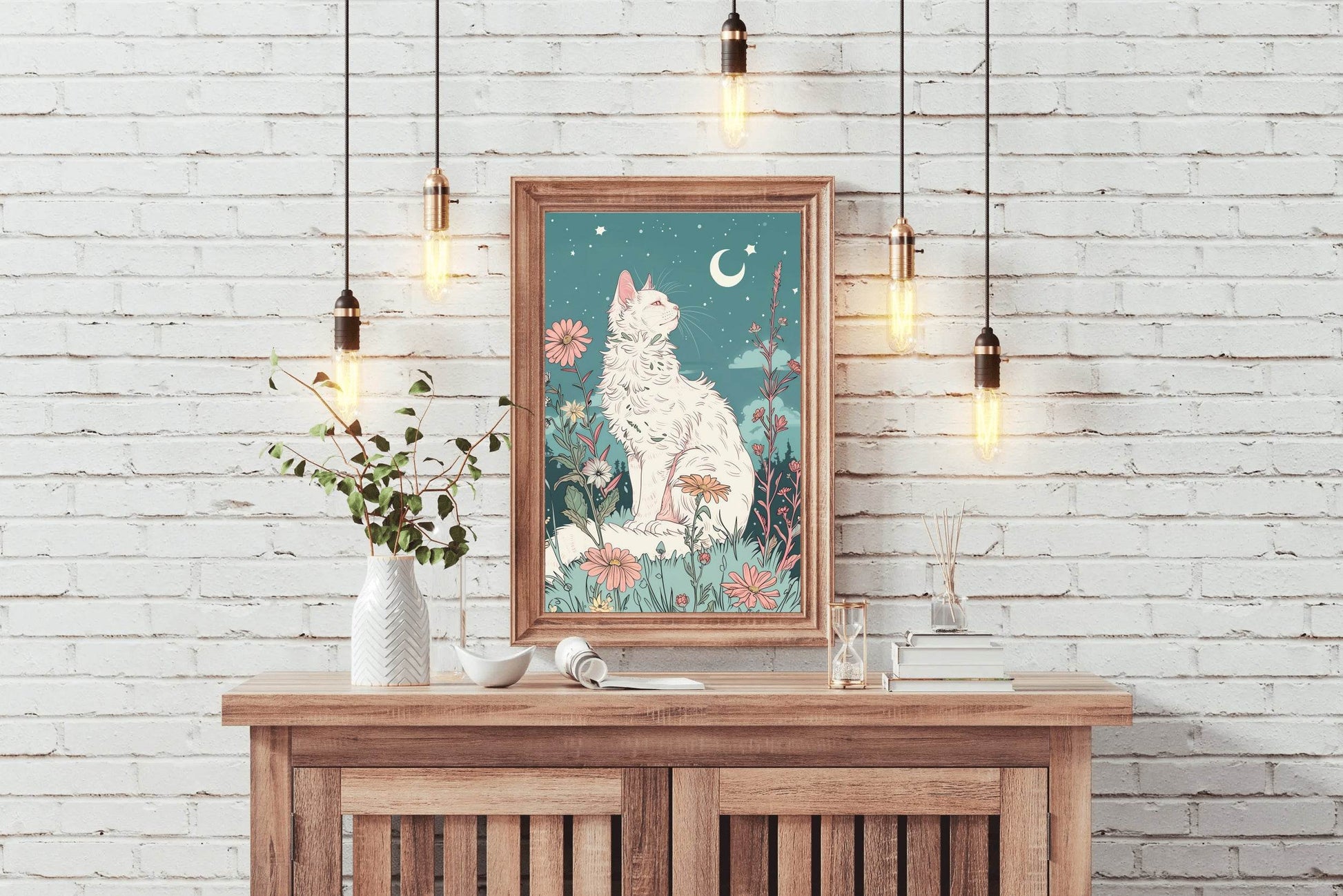 Painting of White Cat Watching the Moon - beink online art store