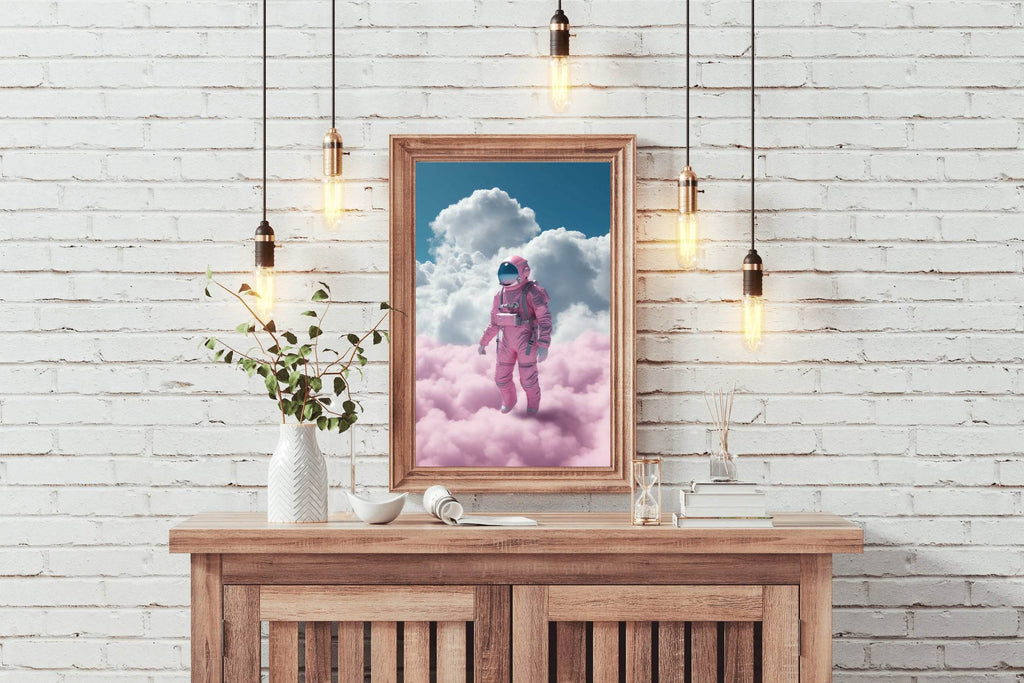 Astronaut in pink suit standing in a cloud Wall Art - beink online art store