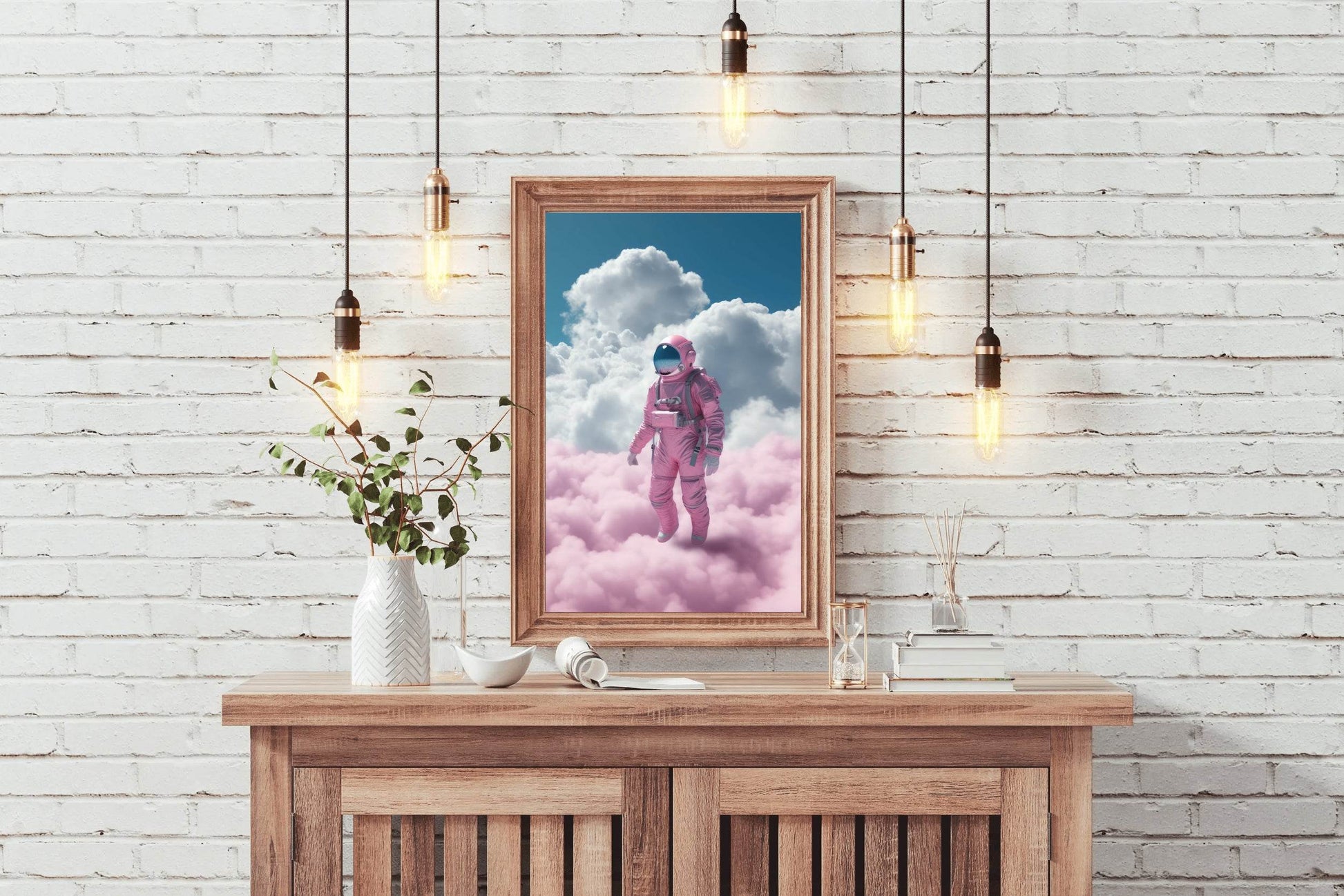 Astronaut in pink suit standing in a cloud Wall Art - beink online art store