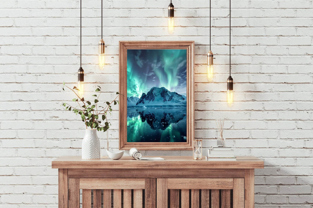 Green Northern lights in the Sky Over Snow Mountain Wall Art - beink online art store