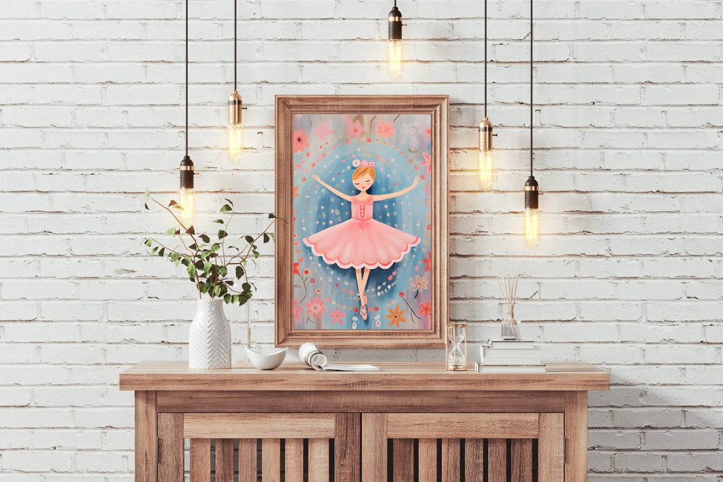 Drawing of Little Girl Dancing in Pink Dress - beink online art store