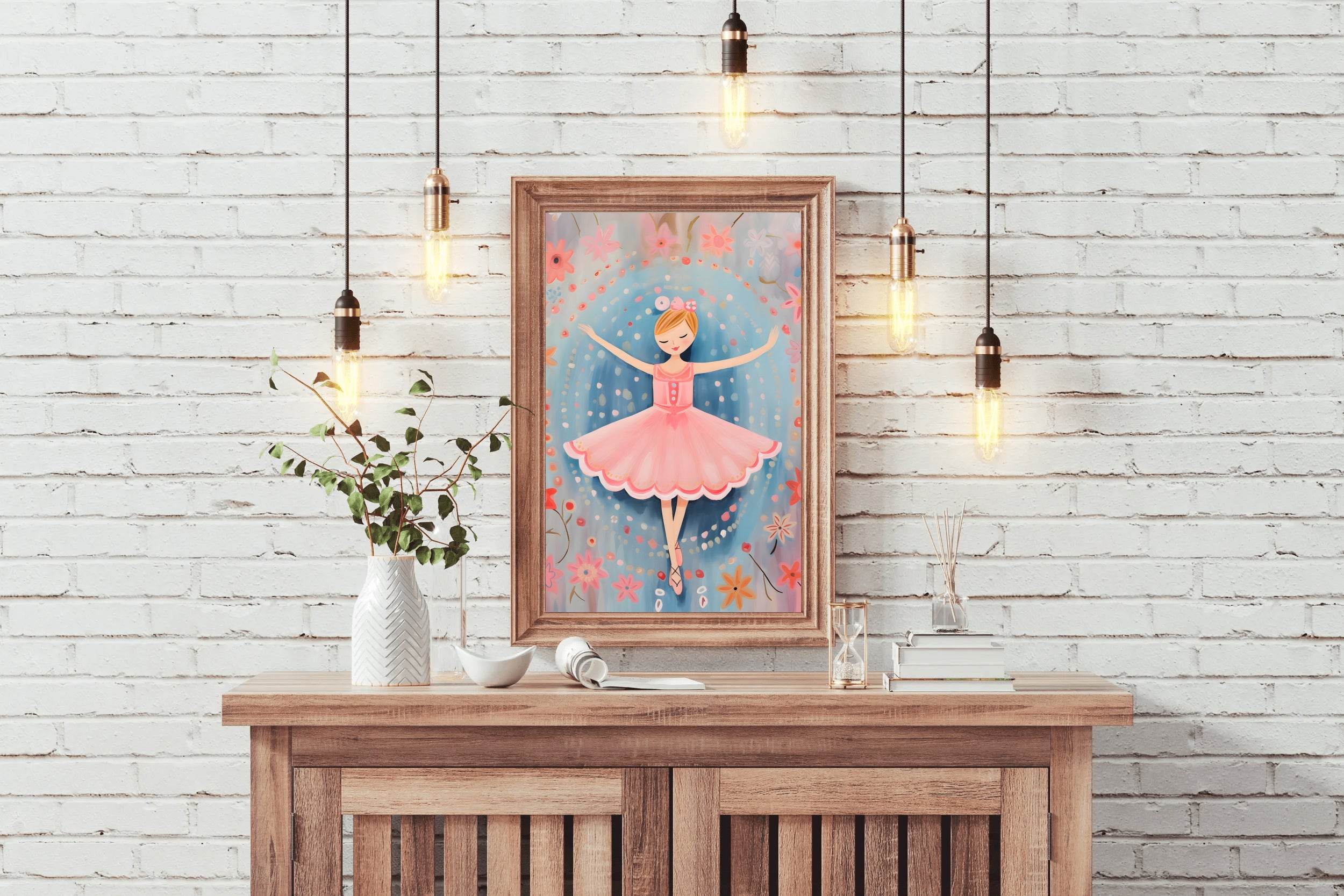Drawing of Little Girl Dancing in Pink Dress - beink online art store