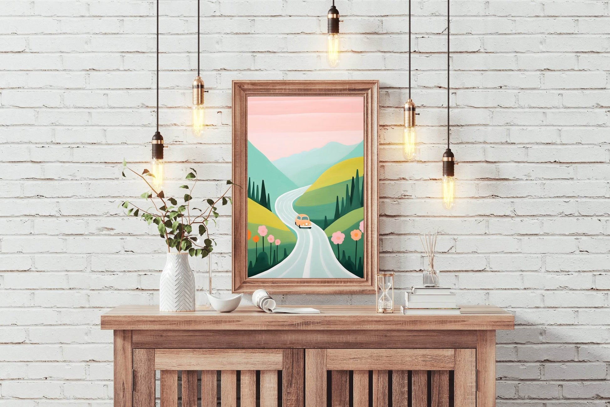 Painting of Pink Car Passing Through the Green Meadows - beink online art store