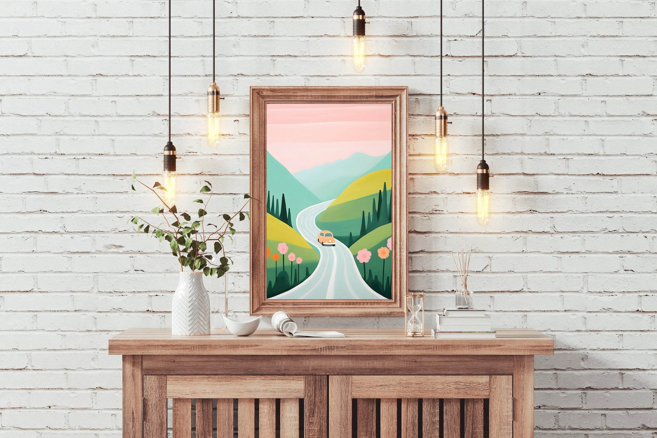 Painting of Pink Car Passing Through the Green Meadows - beink online art store