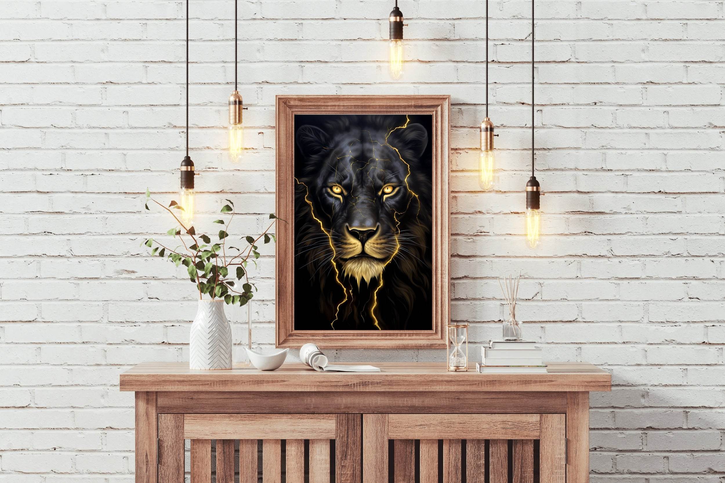 Black Color Neon Line Painting of Lion - beink online art store