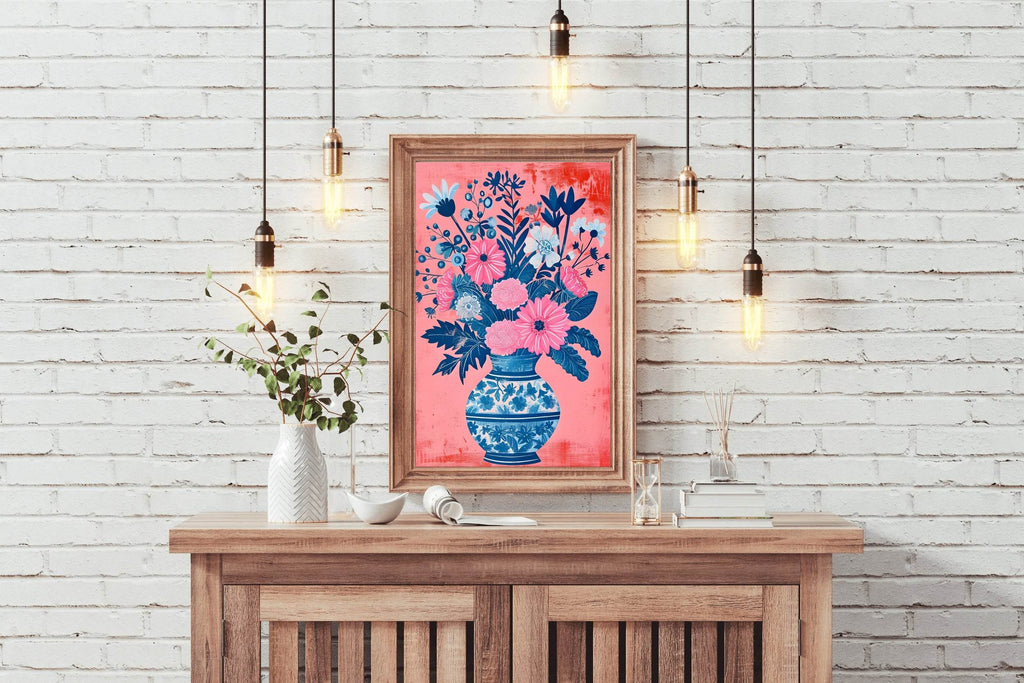 Blue and Pink Flowers in Vase Digital Art - beink online art store