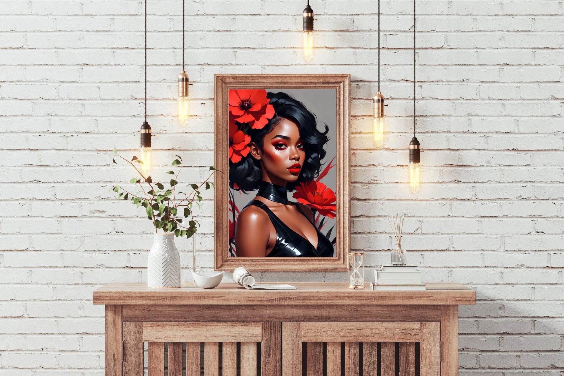 Abstract Style Anime Art of Black Girl with Red Flower Wall Art - beink online art store