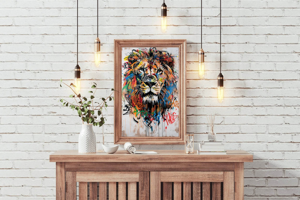 Painting of a Lion With Colorful Paint Wall Art - beink online art store