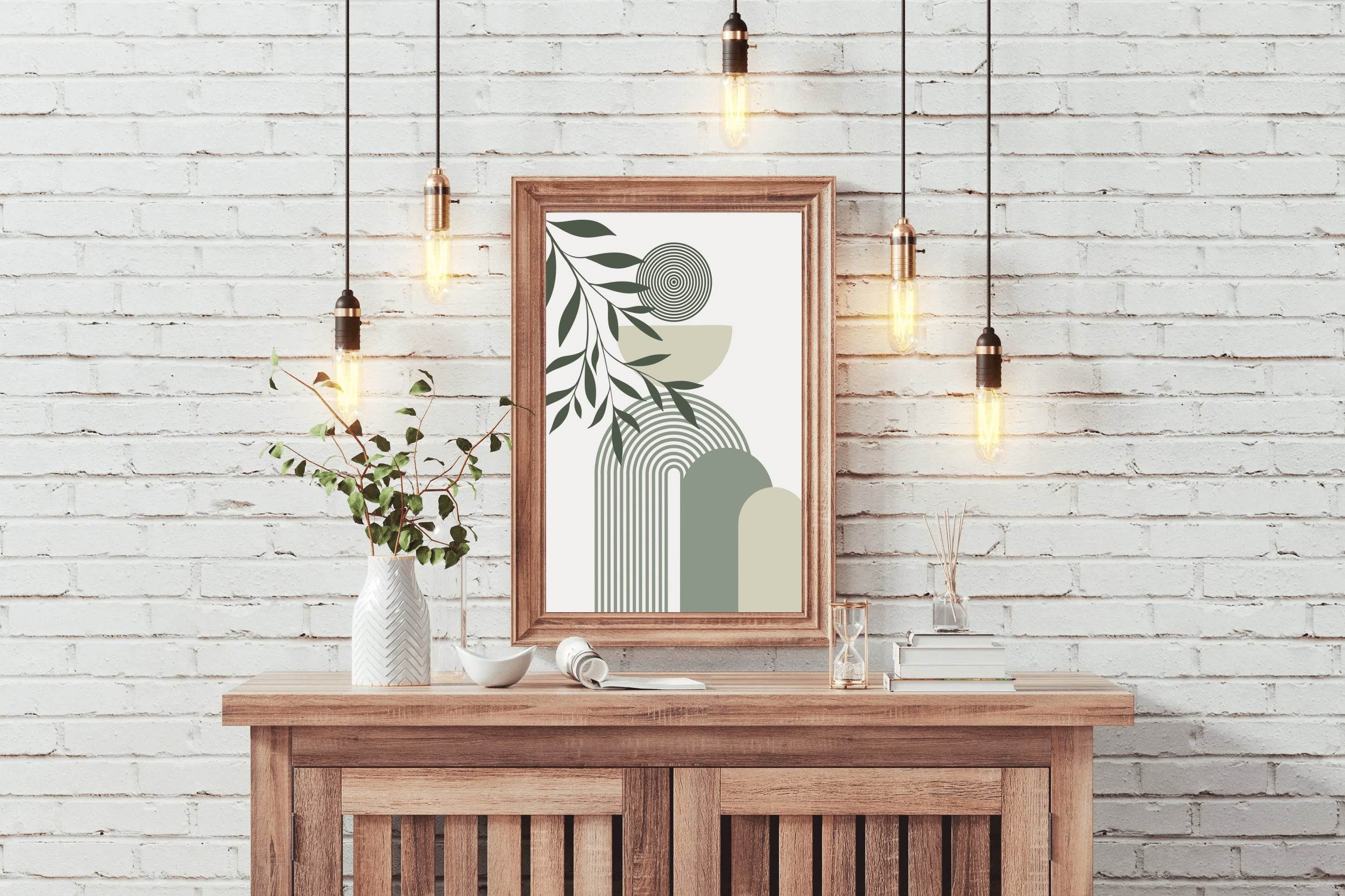 Leafy Branch a Circle Shades of Green and Beige ArtWork - beink online art store