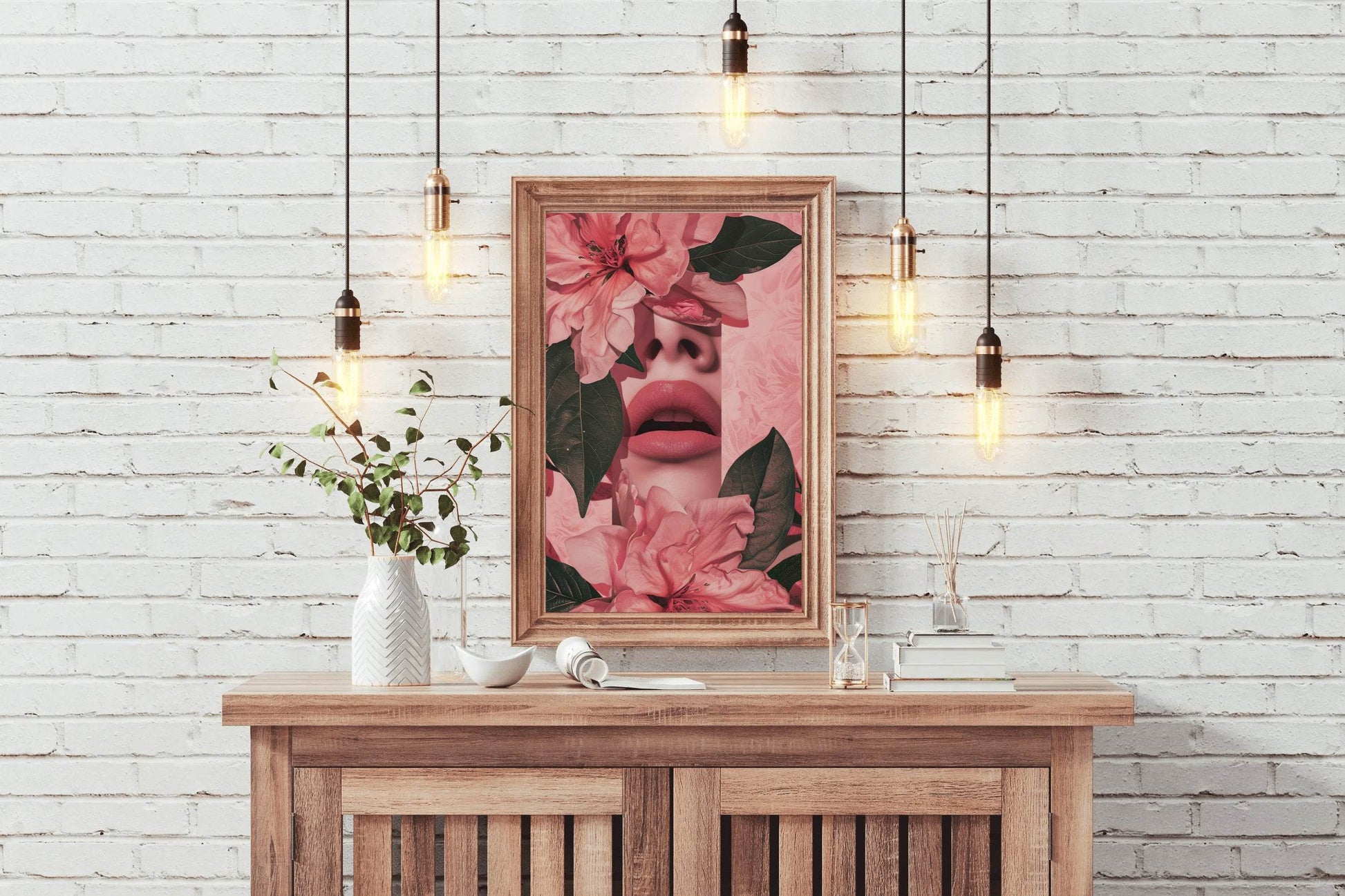 Woman's Face Partially Covered With Pink Flowers - beink online art store
