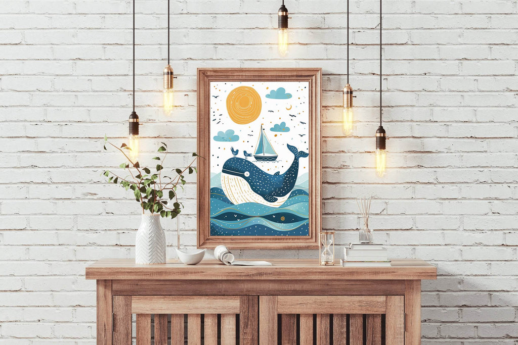 Painting of Blue Whale and a Boat in the Oean - beink online art store