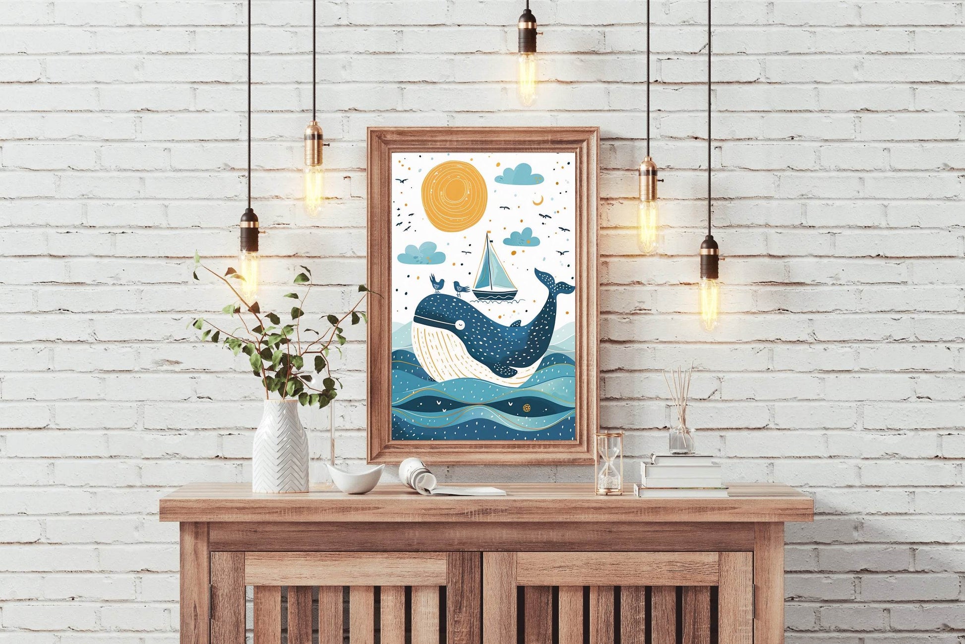 Painting of Blue Whale and a Boat in the Oean - beink online art store