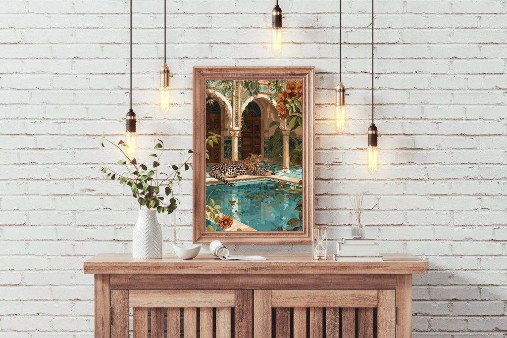 Painting of Tiger Sitting Near Blue Water Pool - beink online art store