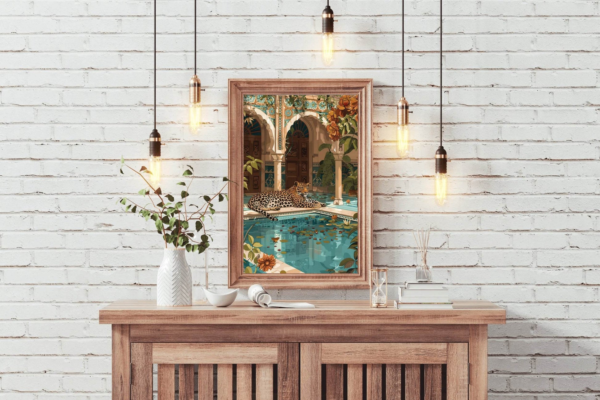 Painting of Tiger Sitting Near Blue Water Pool - beink online art store